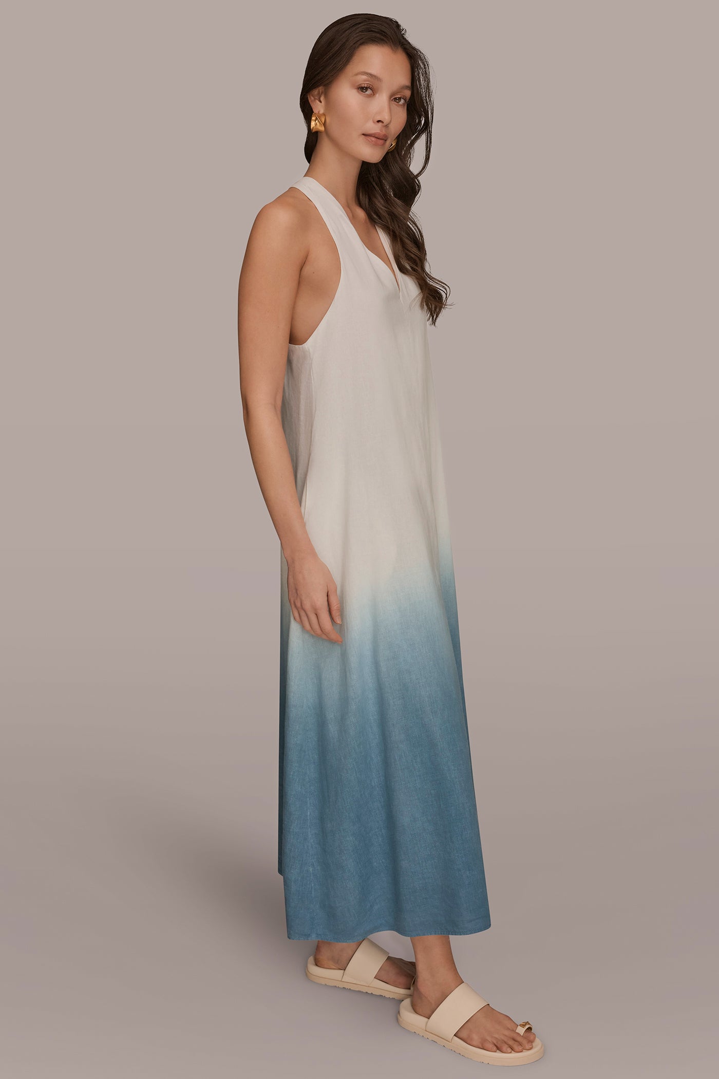 LINEN-BLEND SLEEVELESS OMBRÉ TWIST-BACK MIDI HALTER DRESS VIEW 3 | New clothing