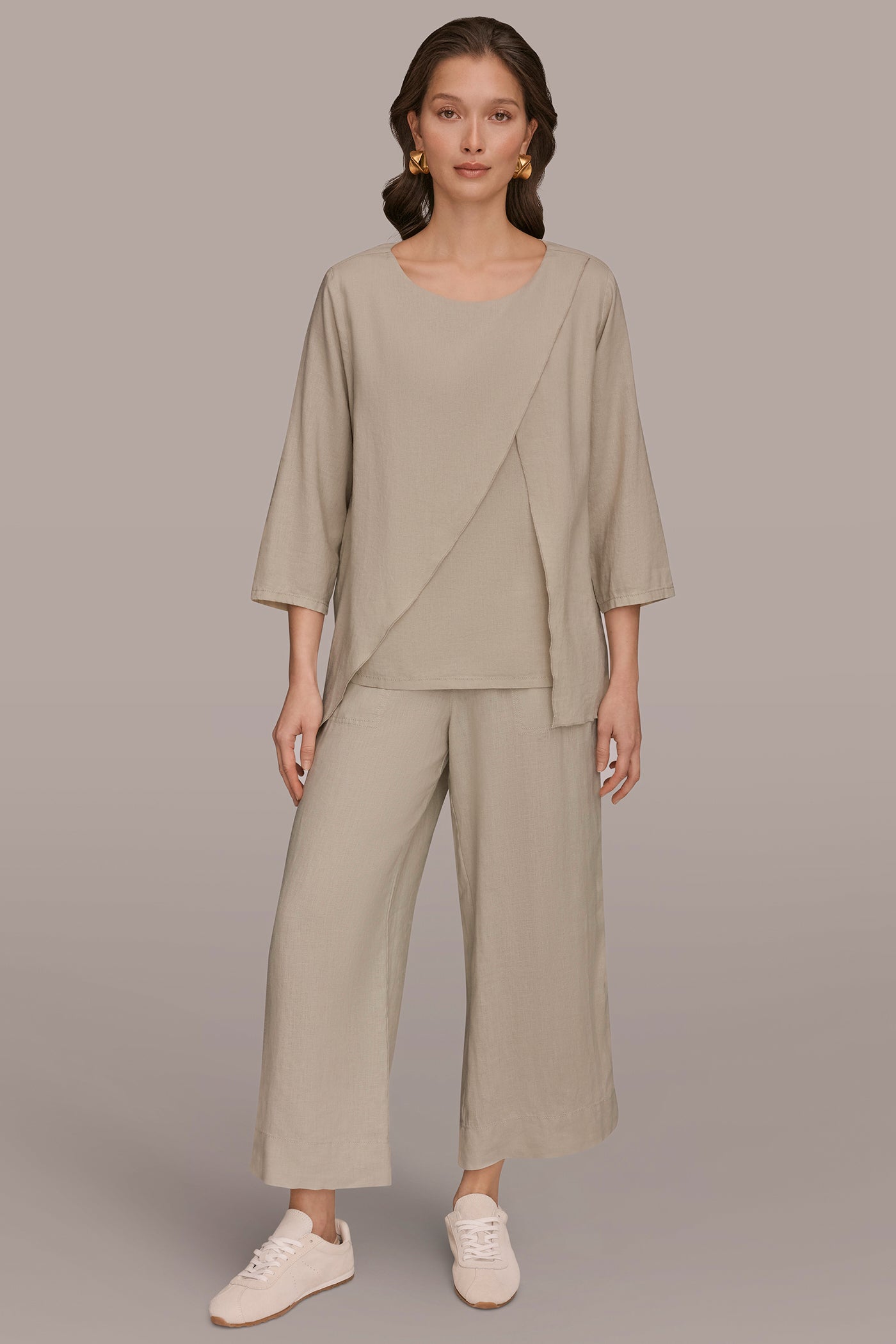 LINEN-BLEND WRAP-EFFECT OVERLAY BLOUSE VIEW 6 | Donna Karan Weekend Tops