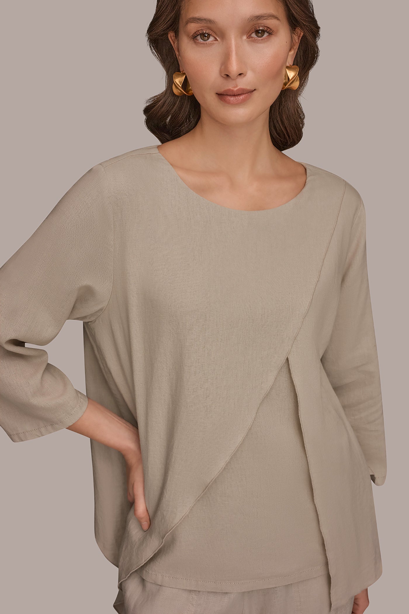 LINEN-BLEND WRAP-EFFECT OVERLAY BLOUSE VIEW 4 | Donna Karan Weekend Tops
