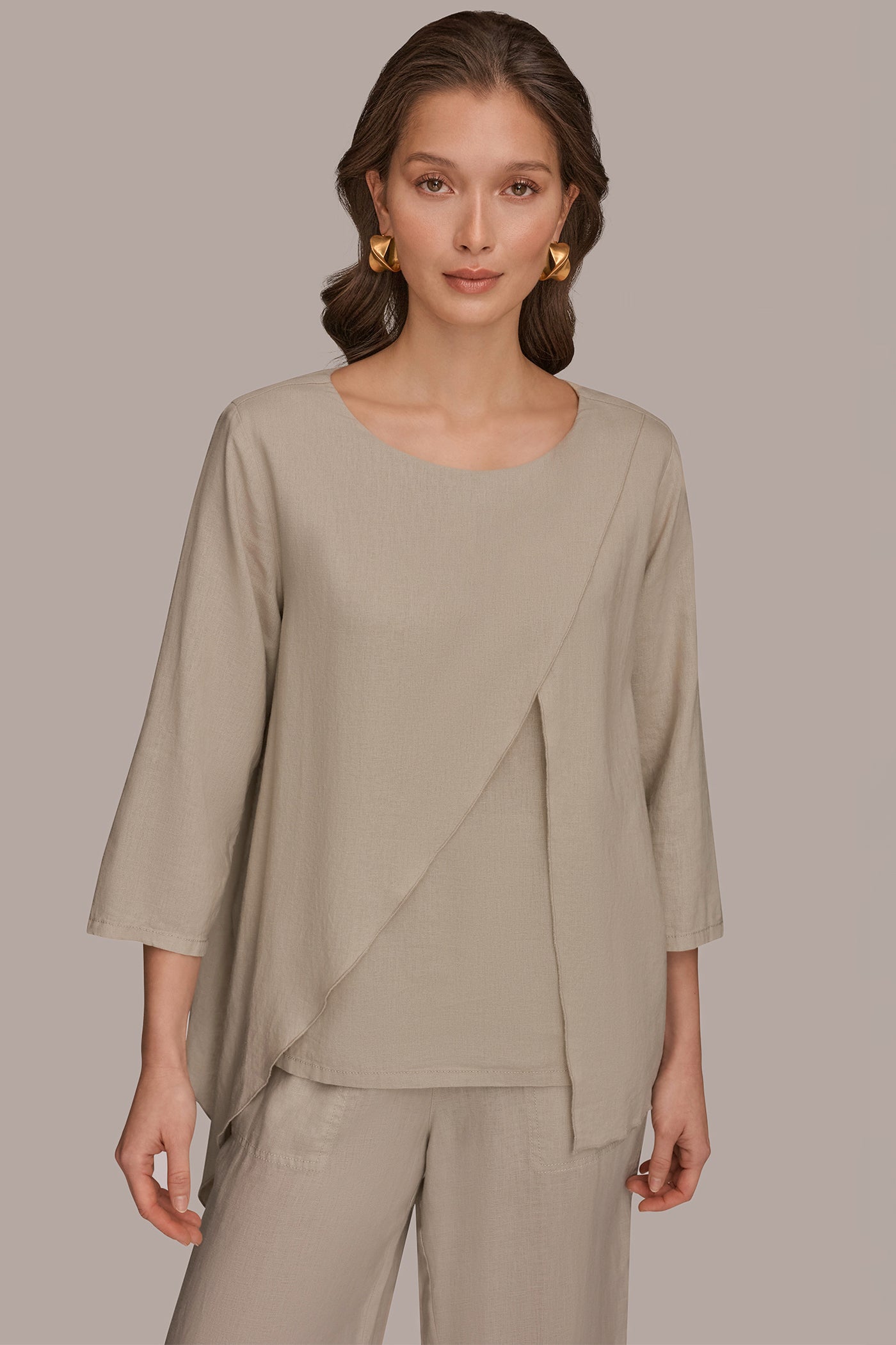 LINEN-BLEND WRAP-EFFECT OVERLAY BLOUSE | View 1 | Gifts