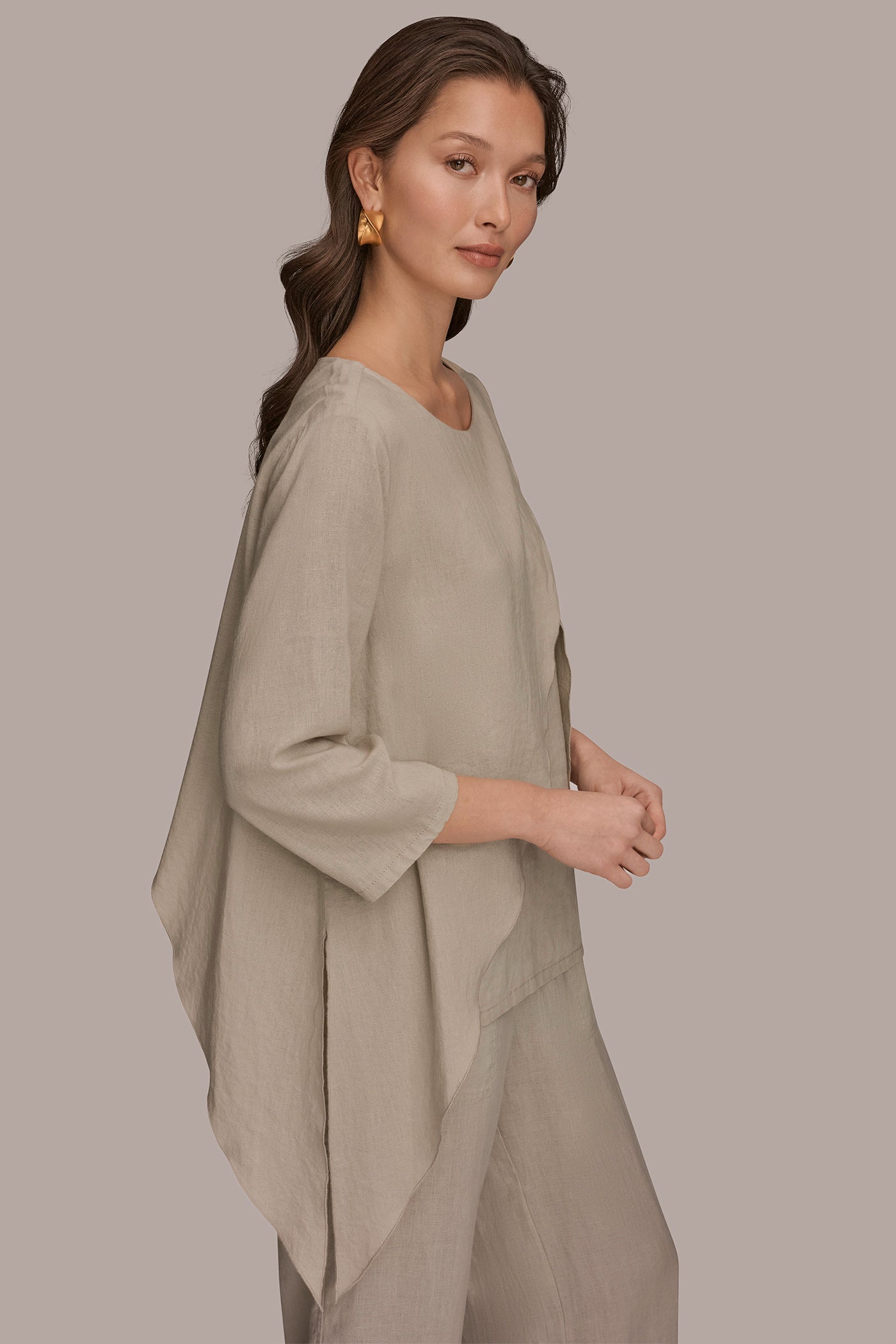 LINEN-BLEND WRAP-EFFECT OVERLAY BLOUSE VIEW 3 | Donna Karan Weekend Tops