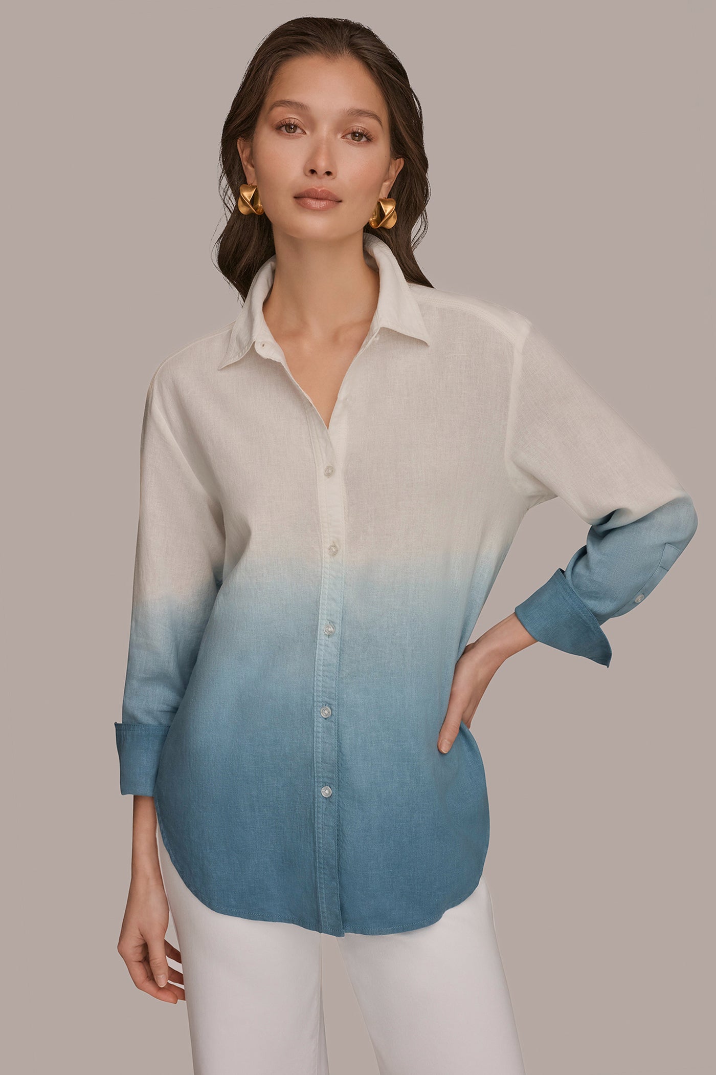 LINEN-BLEND DIP-DYED STRIPED SHIRT | View 1 | Donna Karan Weekend