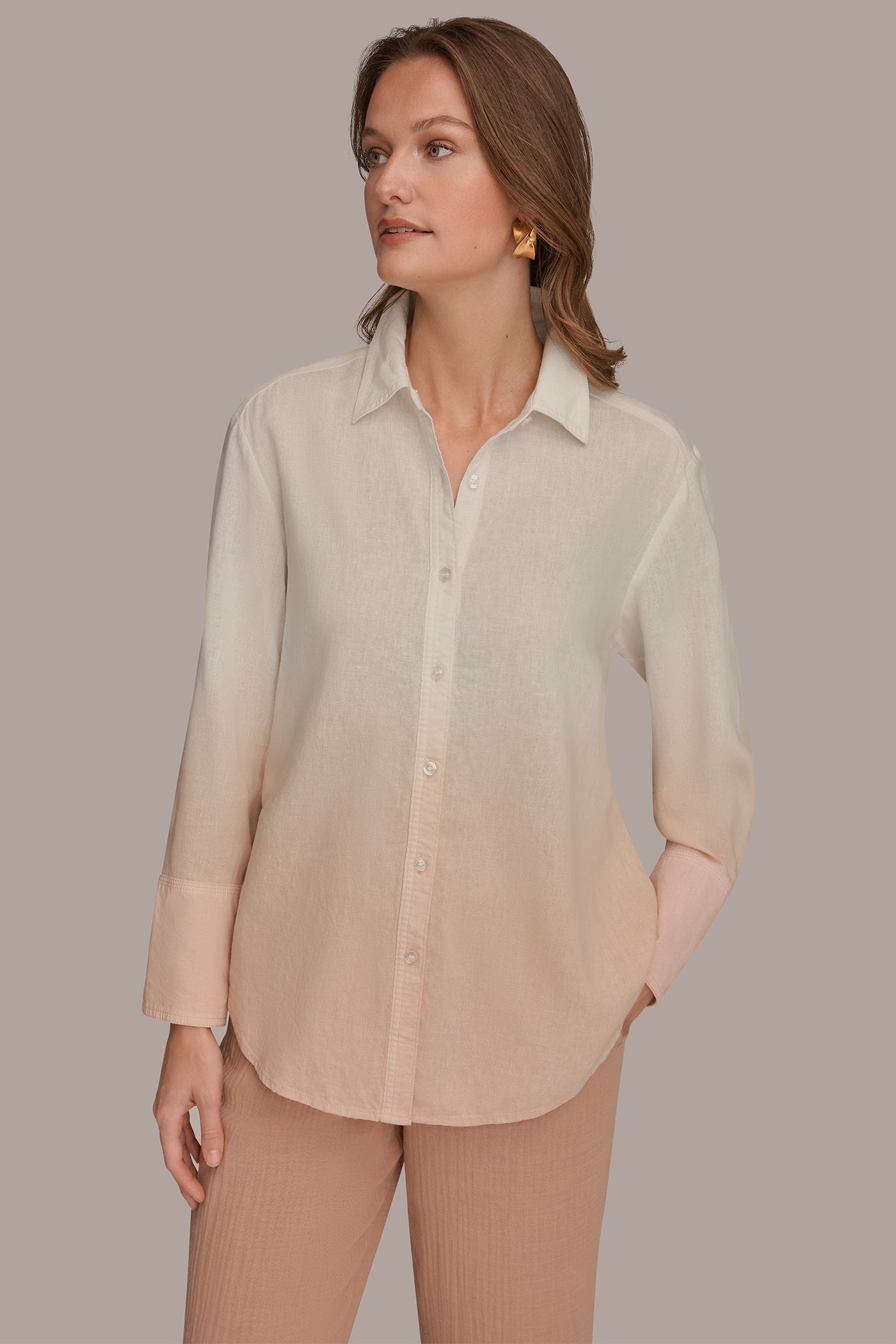 Donna Karan Women's Linen-Blend Dip-Dyed Striped Shirt in Snow Petal Dip Dye Donna Karan Women's Linen-Blend Dip-Dyed Striped Shirt in Snow Petal Dip Dye