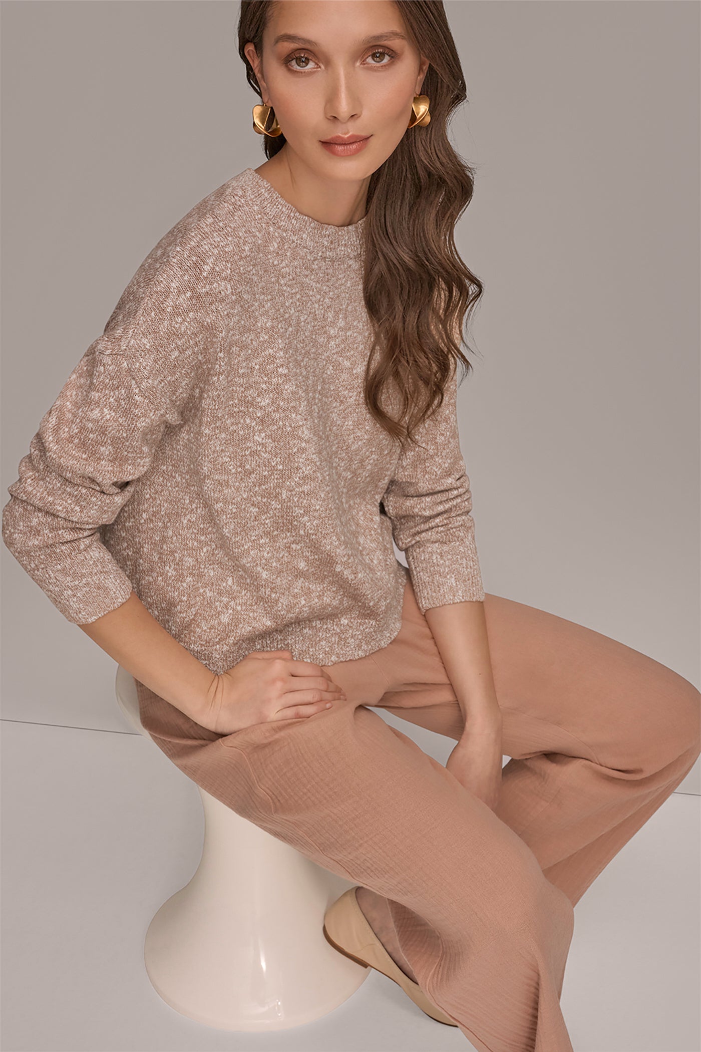 METALLIC COTTON-BLEND LONG SLEEVE SWEATER VIEW 9 | Donna Karan Weekend Tops