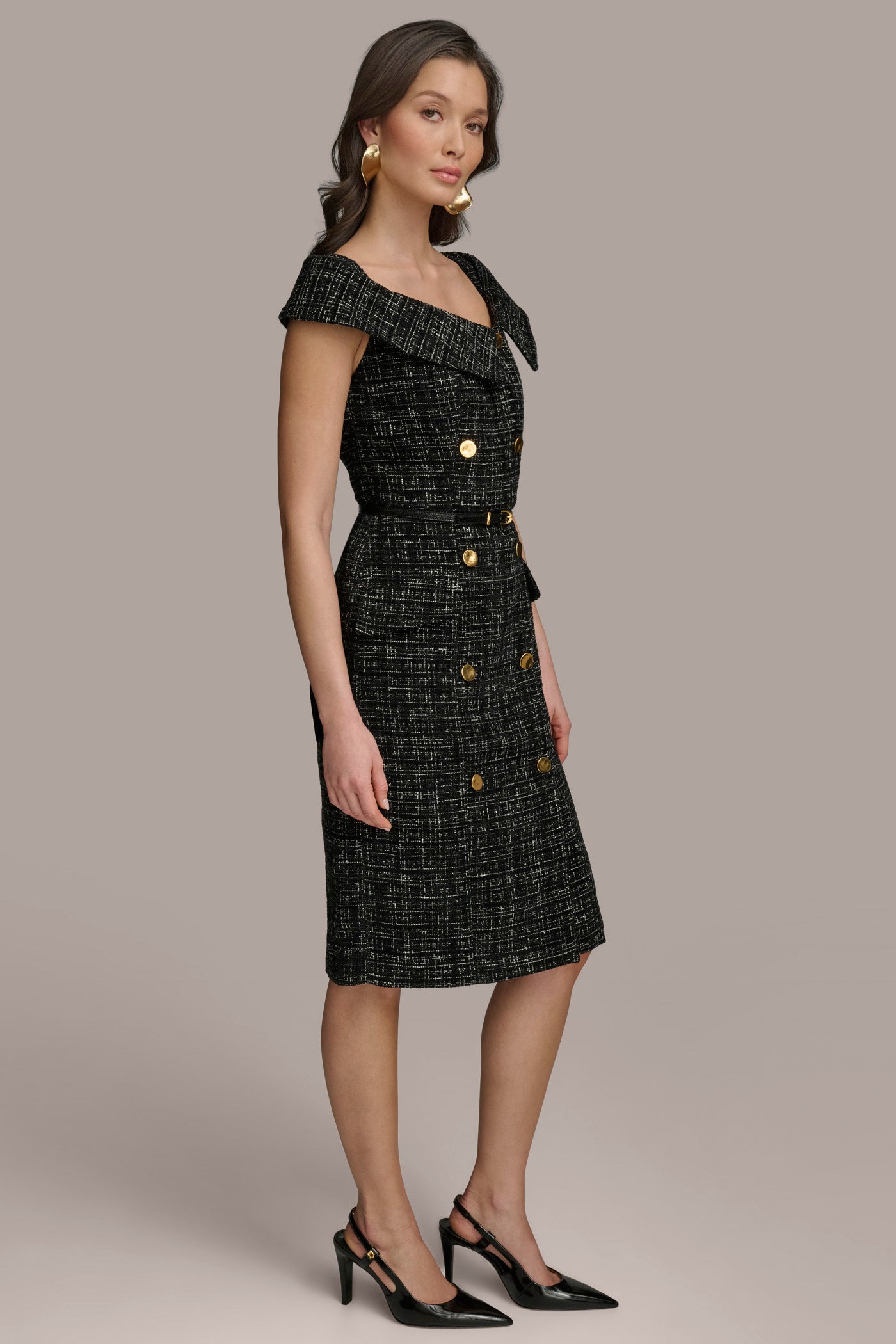 TWEED SHEATH DRESS WITH BUTTONS VIEW 3 | Black Dresses