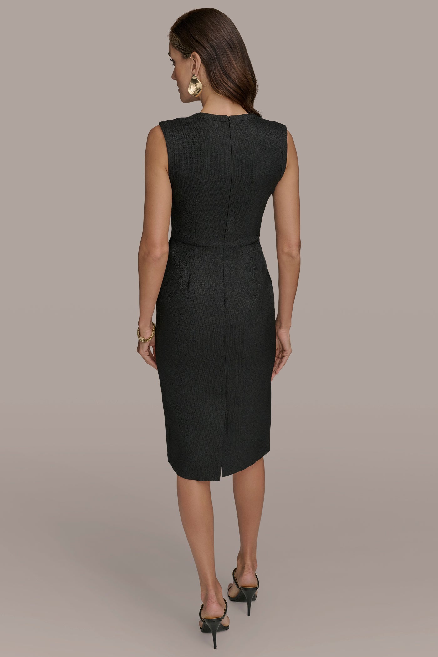 V NECK TWEED MIDI SHEATH WITH BUTTONS VIEW 3 | Black Dresses