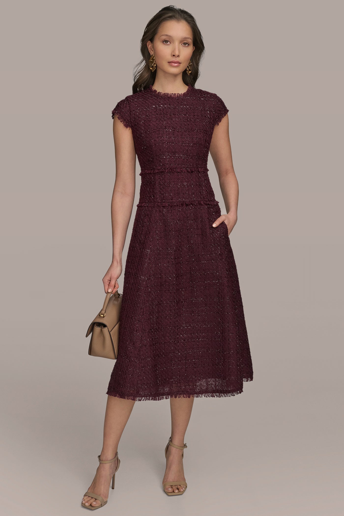 Tweed Cap Sleeve Midi A Line Dress | Donna Karan Tweed Cap Sleeve Midi A Line Dress | Donna Karan