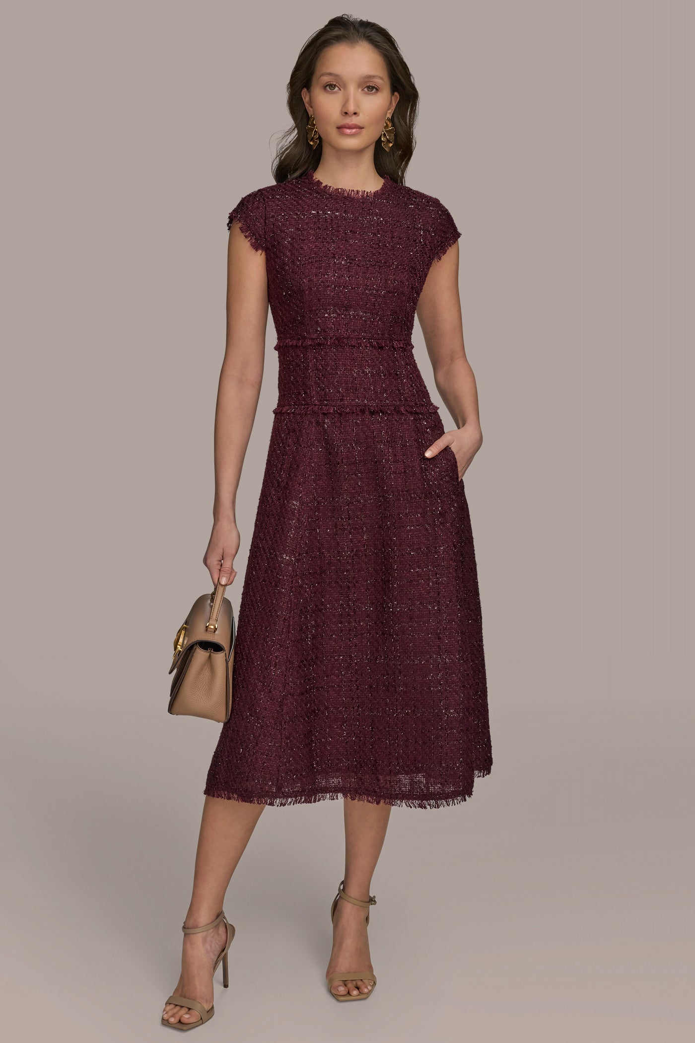 Tweed Cap Sleeve Midi A Line Dress | Donna Karan Tweed Cap Sleeve Midi A Line Dress | Donna Karan