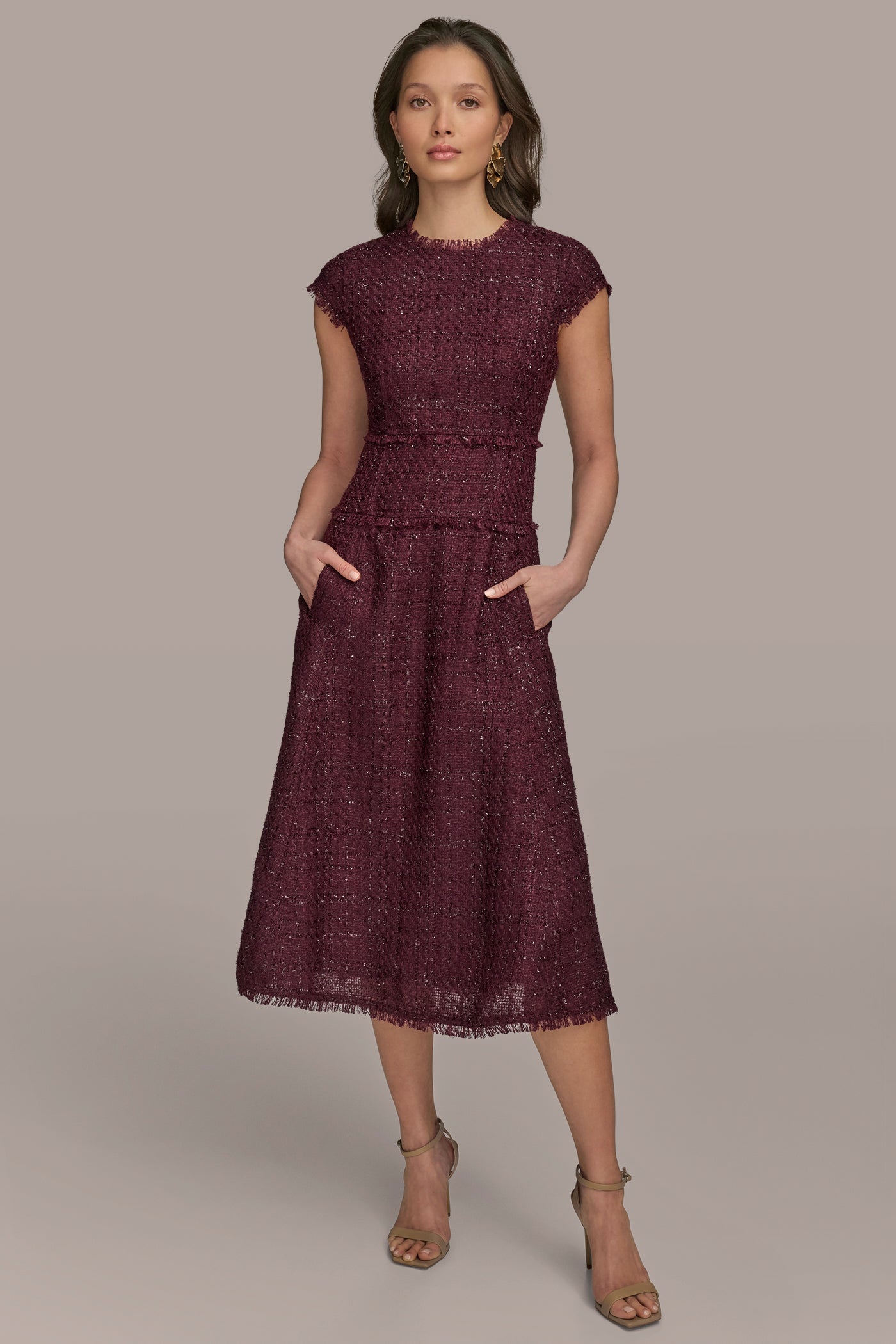 Tweed Cap Sleeve Midi A Line Dress | Donna Karan Tweed Cap Sleeve Midi A Line Dress | Donna Karan