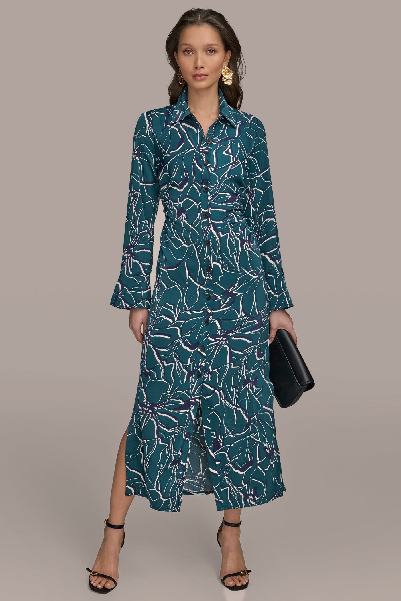 RUCHED SATIN MIDI SHIRT DRESS VIEW 4 | New Arrivals