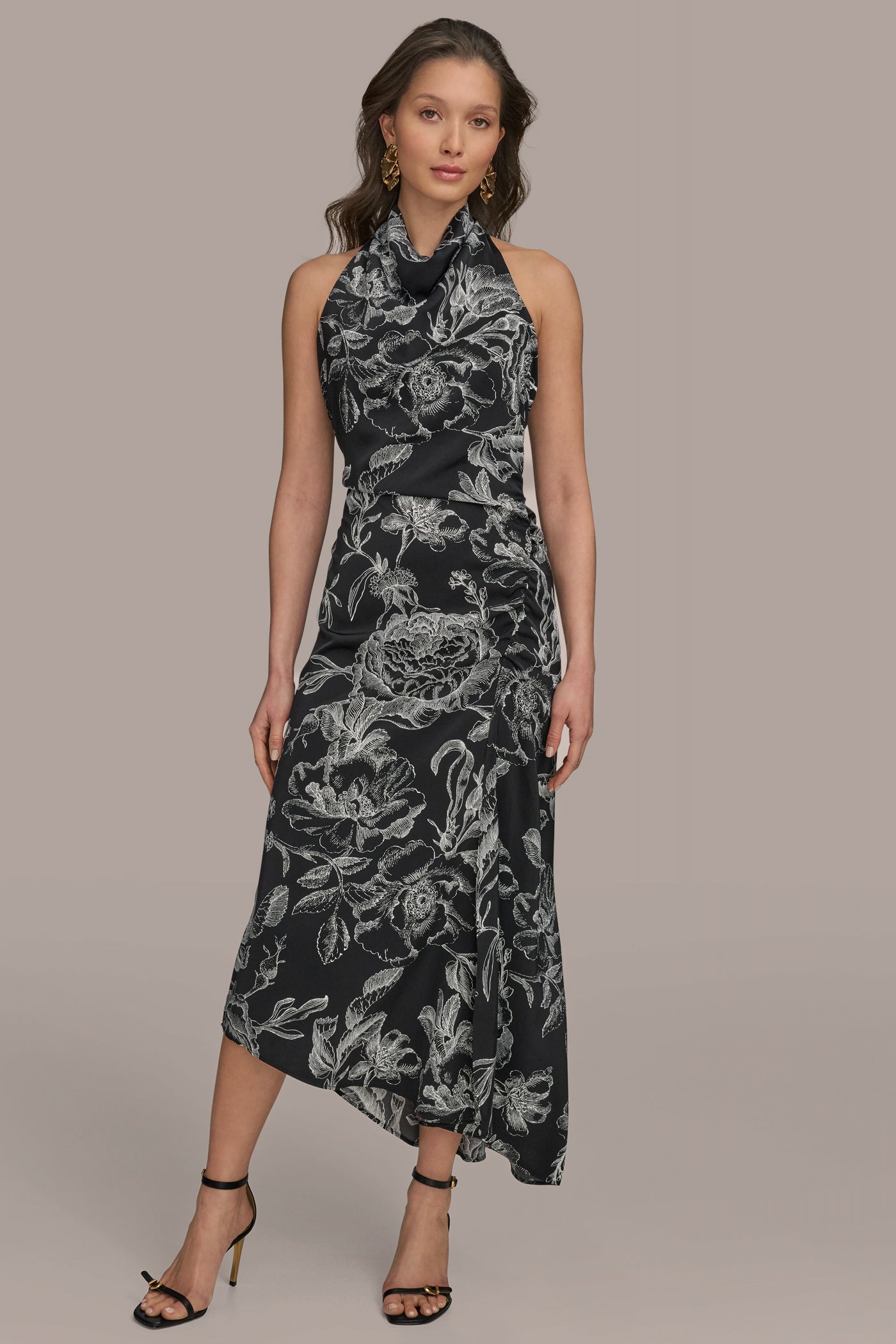 ASYMMETRIC FLORAL COWL-NECK MIDI DRESS | View 1 | Evening & Formal