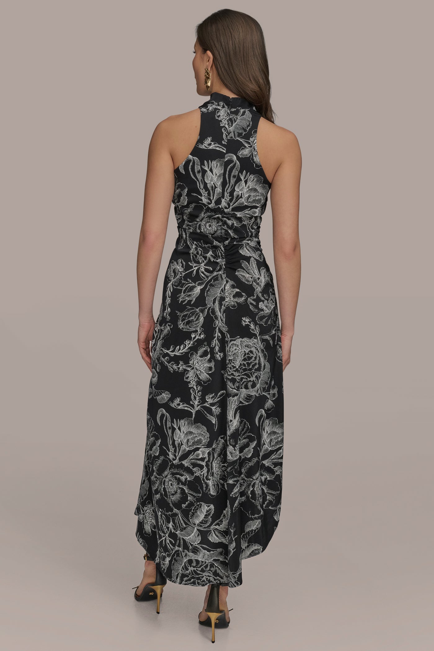 ASYMMETRIC FLORAL COWL-NECK MIDI DRESS | View 2 | Evening & Formal