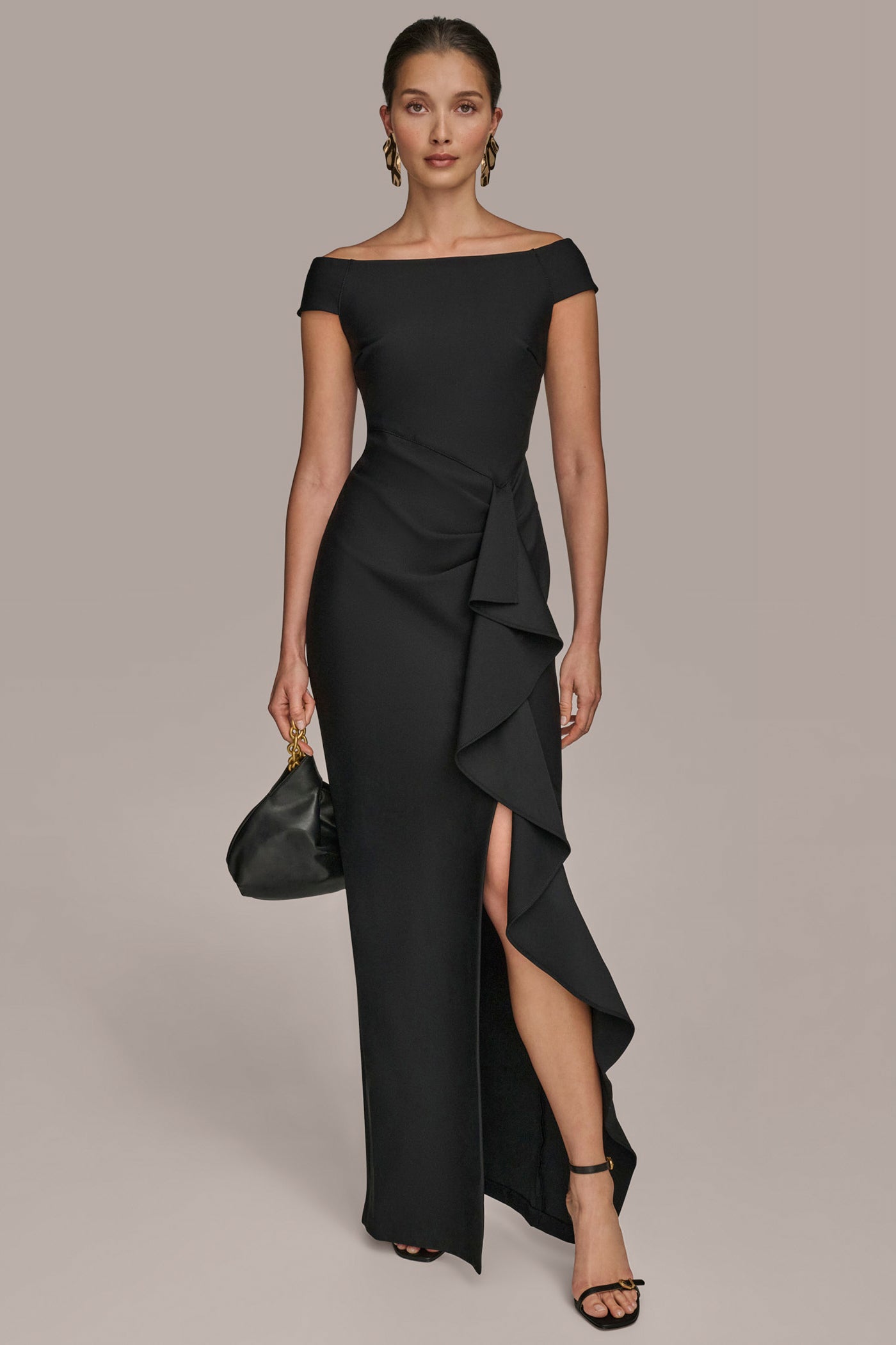 PANELED RUFFLED GOWN | View 1 | Black Dresses