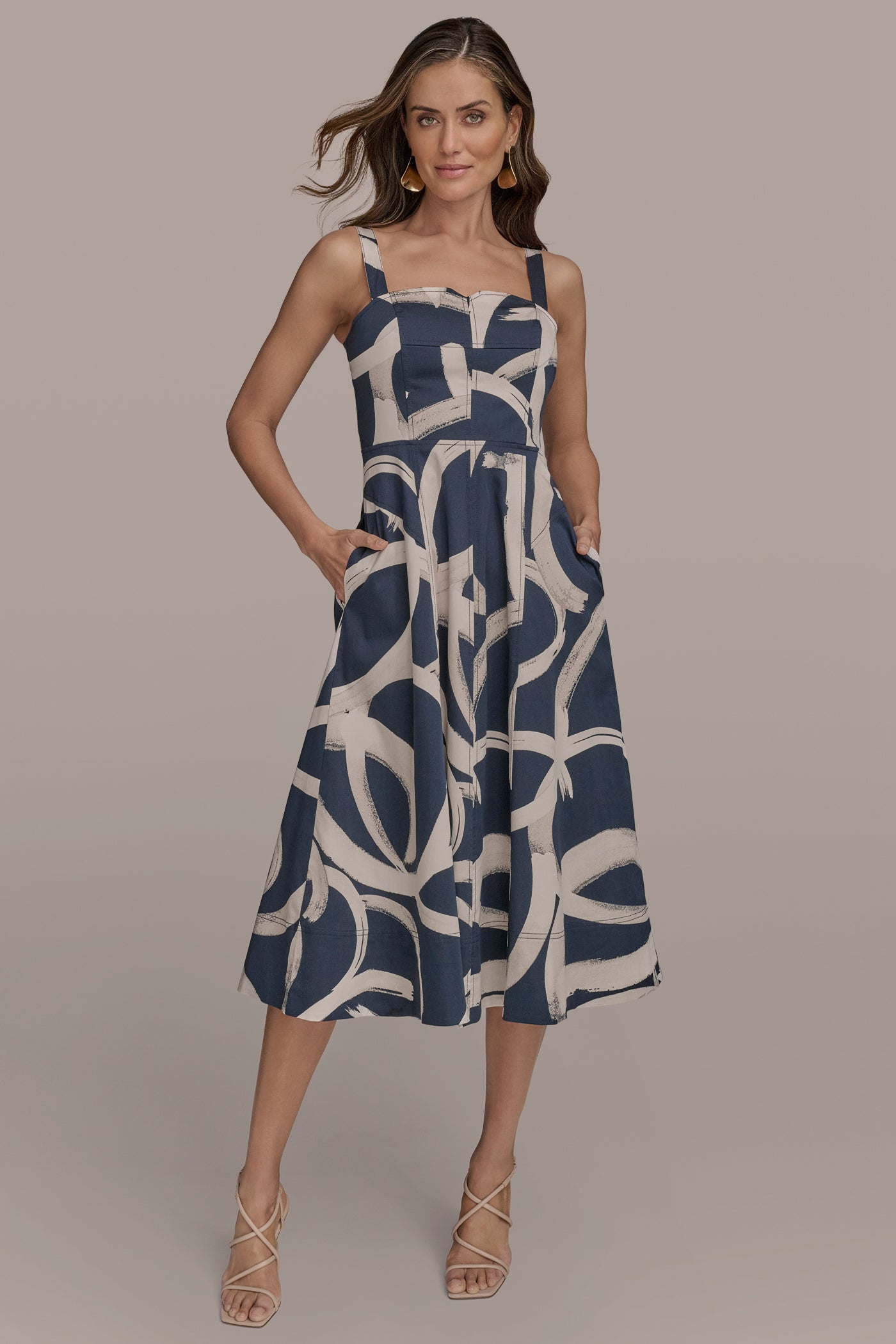 TWO-TONE ABSTRACT PRINT MIDI DRESS | View 1 | Dresses & Jumpsuits