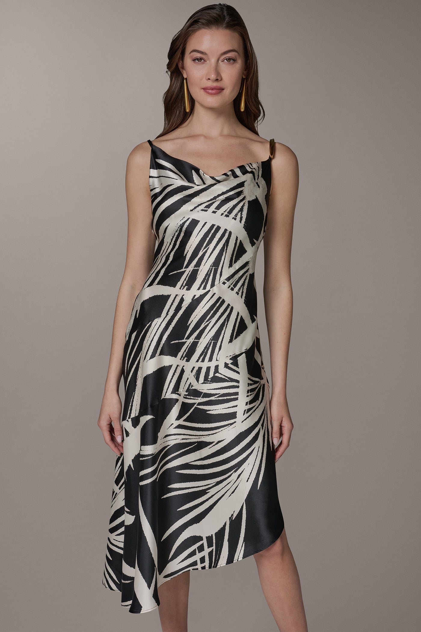 Donna Karan Women's Cowl Neck High-Low Sleeveless Printed A-Line Dress - BLACK/CREAM