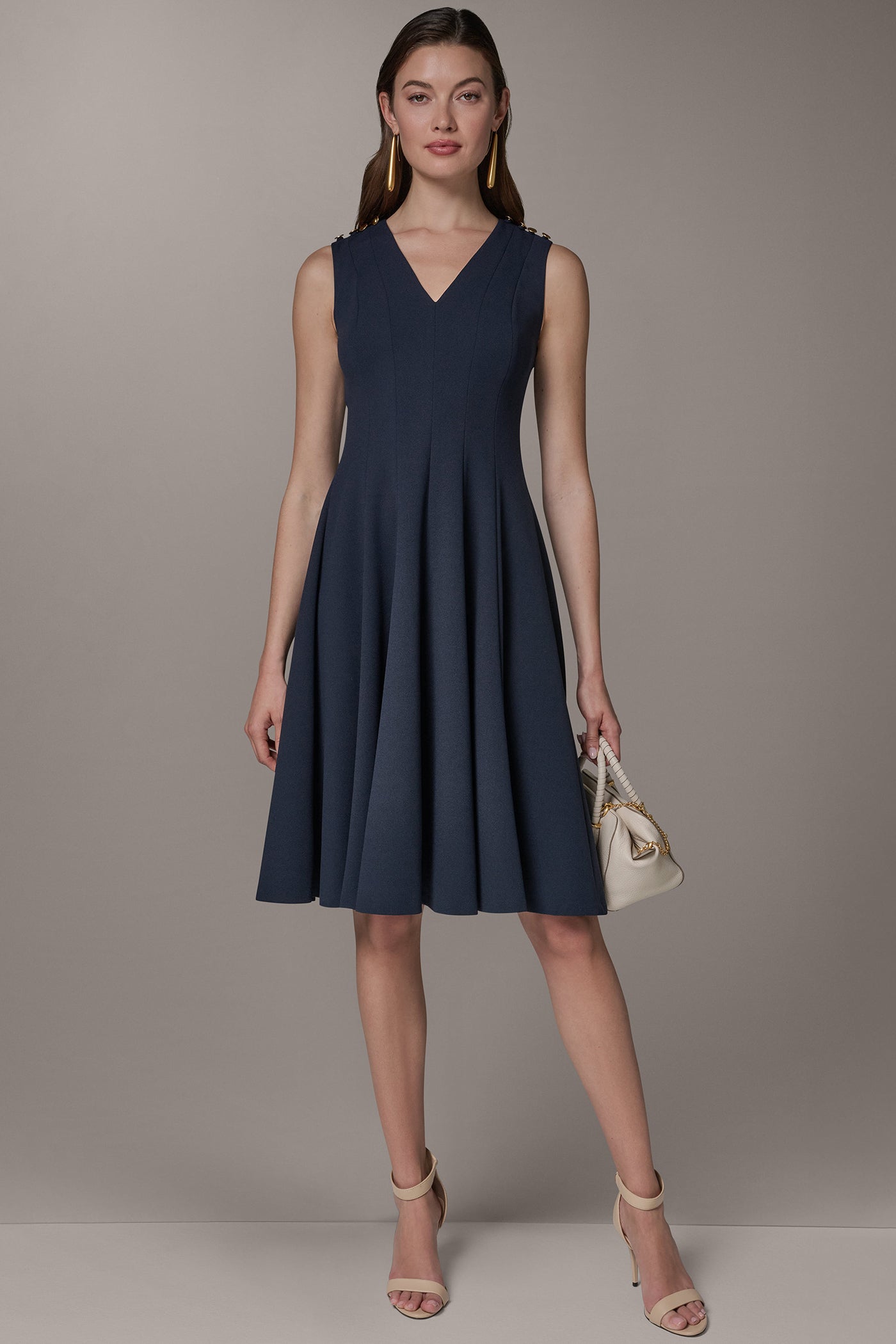 SLEEVELESS BUTTON MIDI FIT AND FLARE DRESS | View 1 | Dresses & Jumpsuits