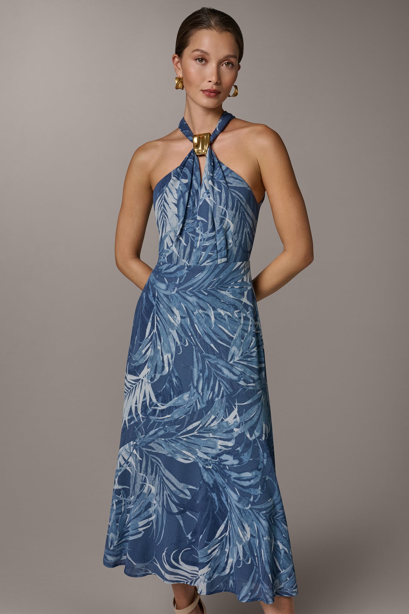 Donna Karan Women's Sleeveless Print Midi Halter Dress in Nightfall Multi Donna Karan Women's Sleeveless Print Midi Halter Dress in Nightfall Multi