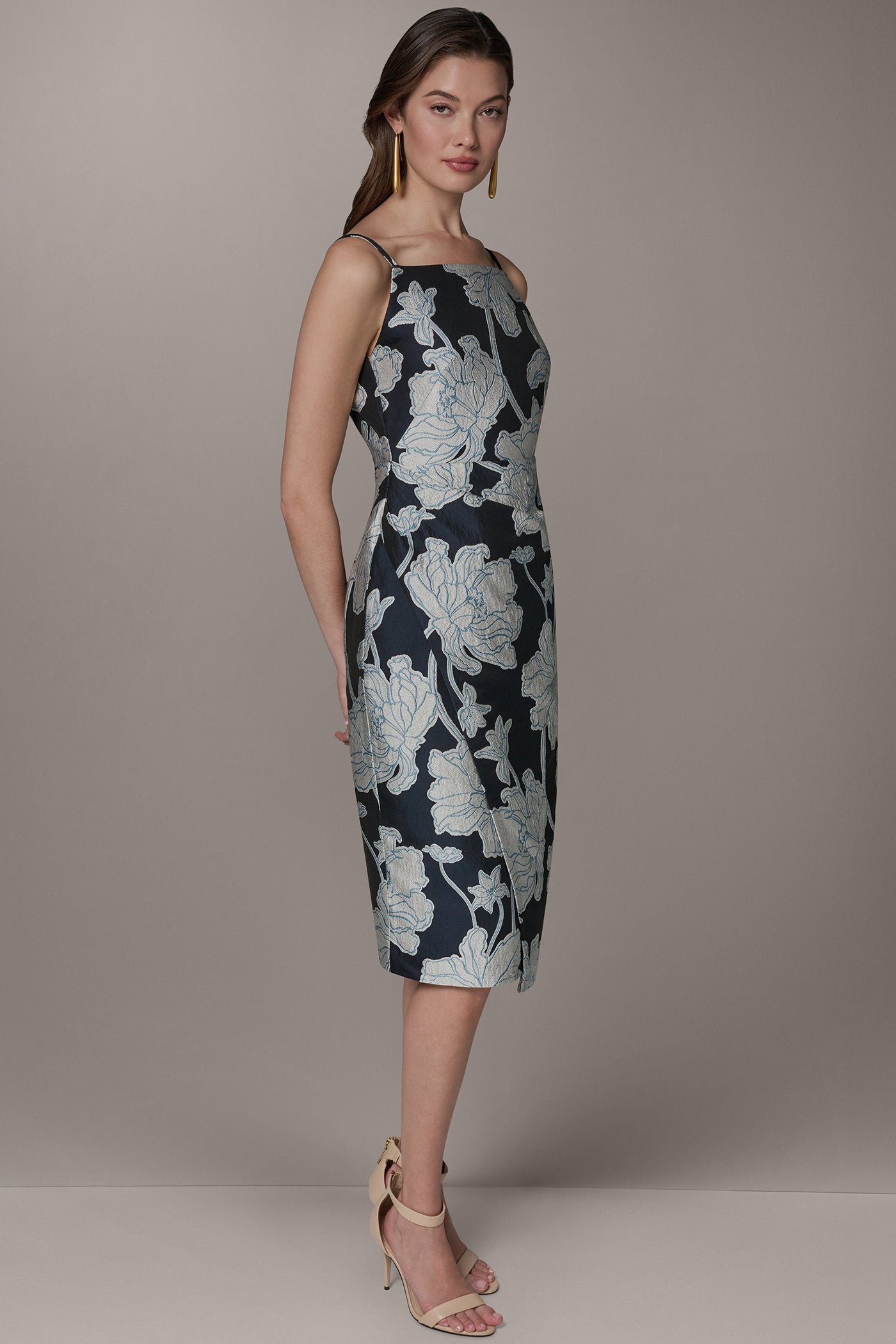 Donna Karan New York Women's Halter Jacquard Sheath Floral Sleeveless Midi Dress - Nightfall/Sky BLUE Donna Karan New York Women's Halter Jacquard Sheath Floral Sleeveless Midi Dress - Nightfall/Sky BLUE