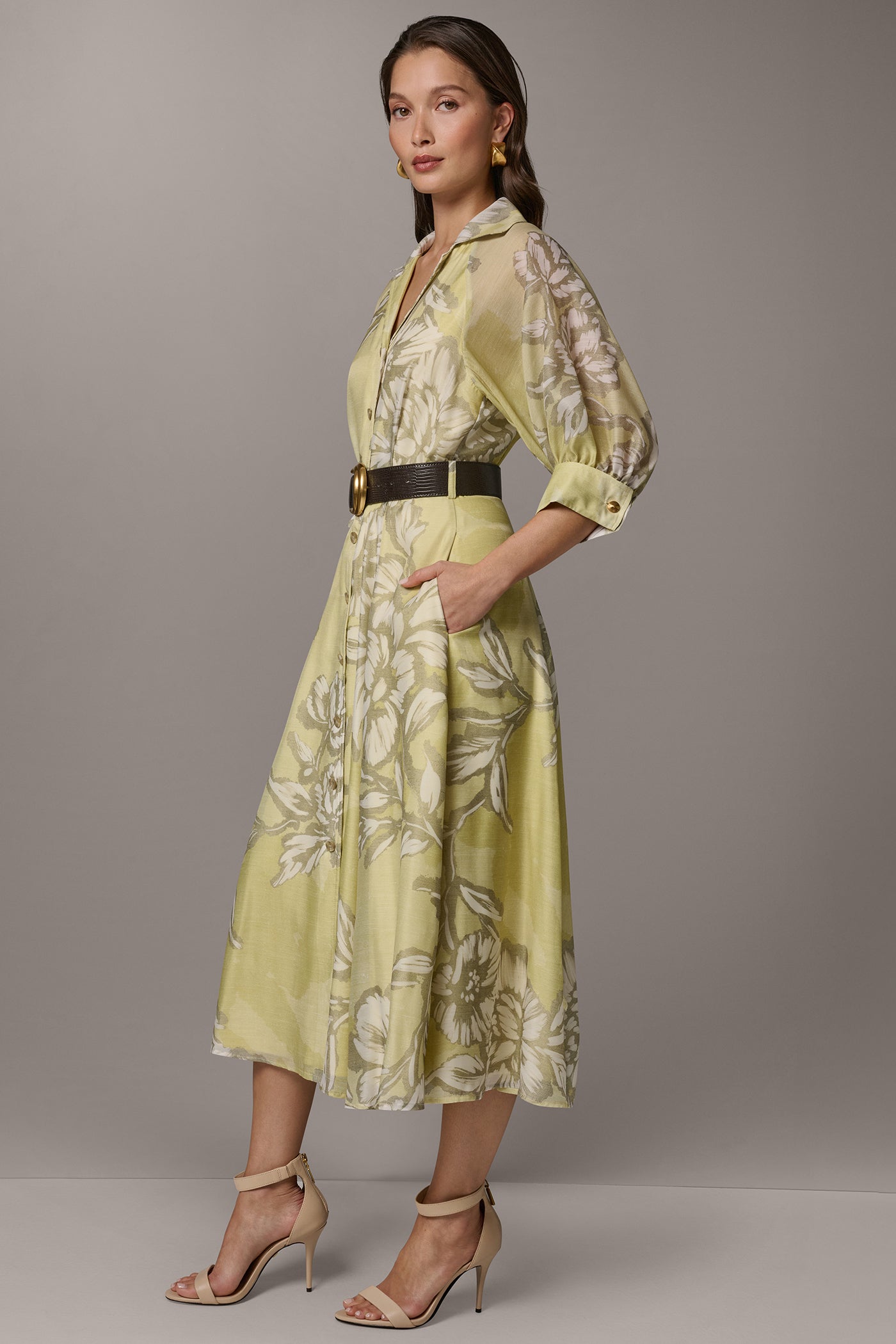 puff sleeve midi shirt dress Multi KarenMillen Lime Print Cotton Puff Sleeve Woven Midi Shirt Dress With Dropped Waist Detail
