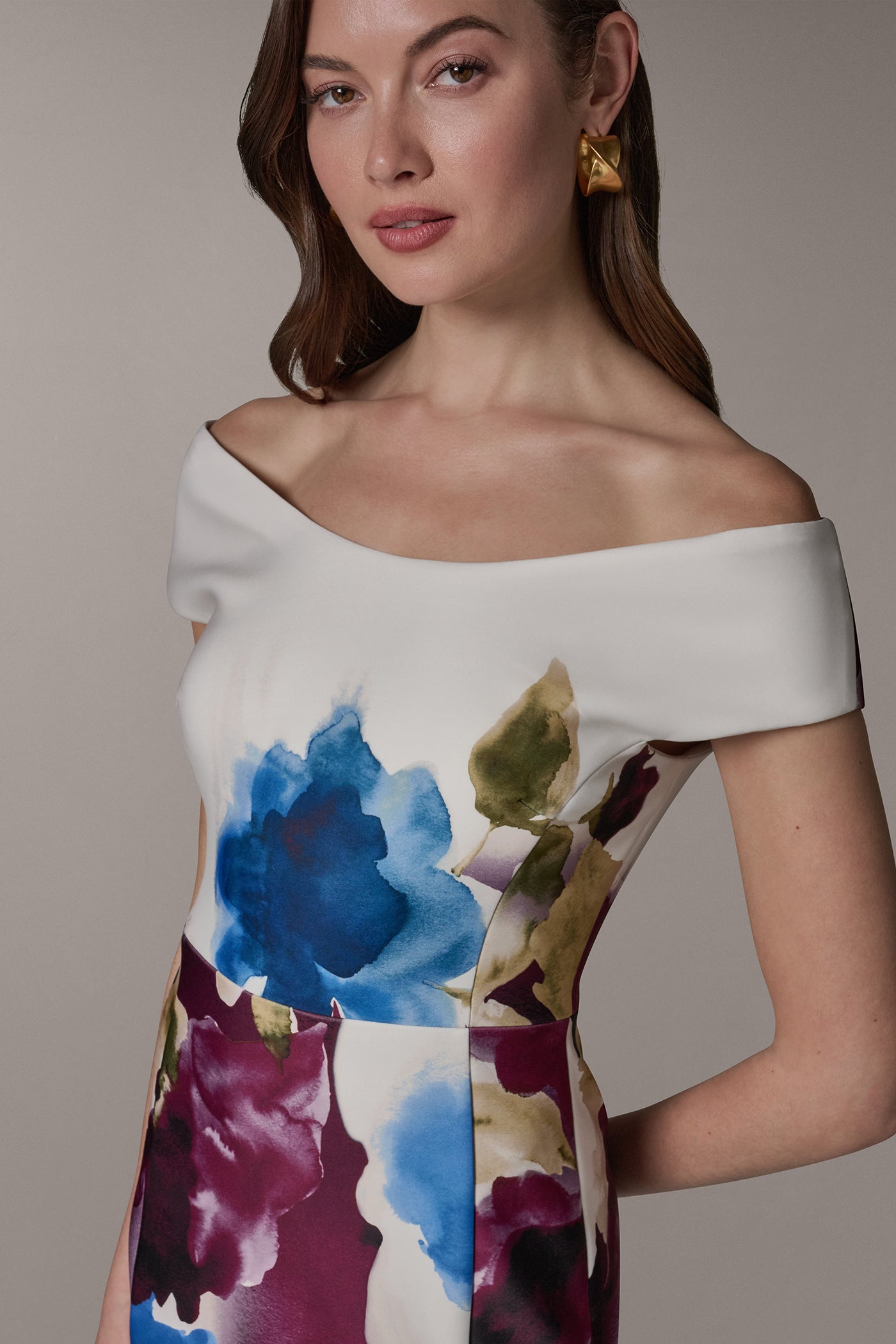 Donna Karan Women's Off The Shoulder Midi Sheath Dress in Sangria/Marina Multi Donna Karan Women's Off The Shoulder Midi Sheath Dress in Sangria/Marina Multi