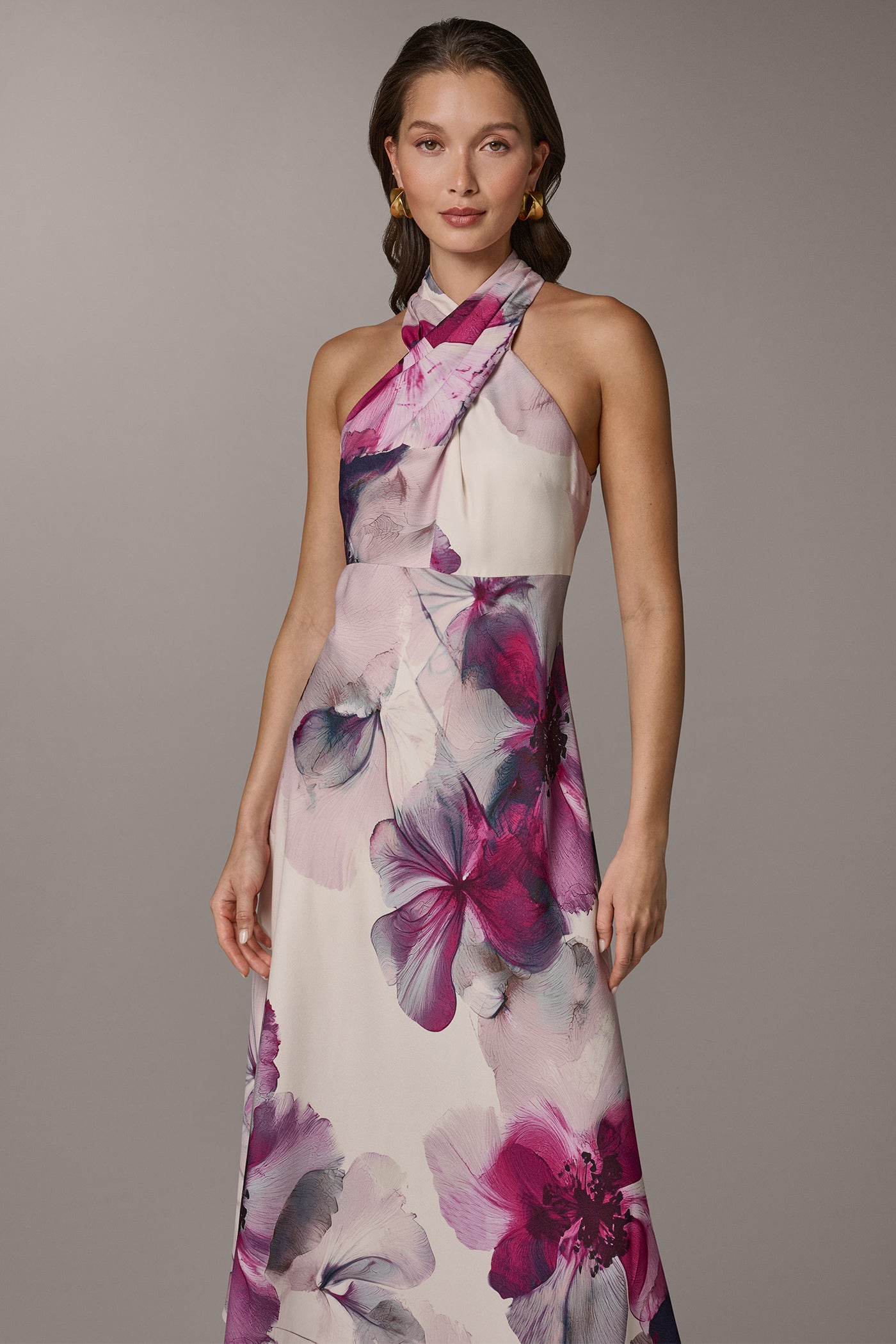 Donna Karan Women's Sleeveless Cross-Front Midi A-Line Halter Dress in Sangria Multi Donna Karan Women's Sleeveless Cross-Front Midi A-Line Halter Dress in Sangria Multi
