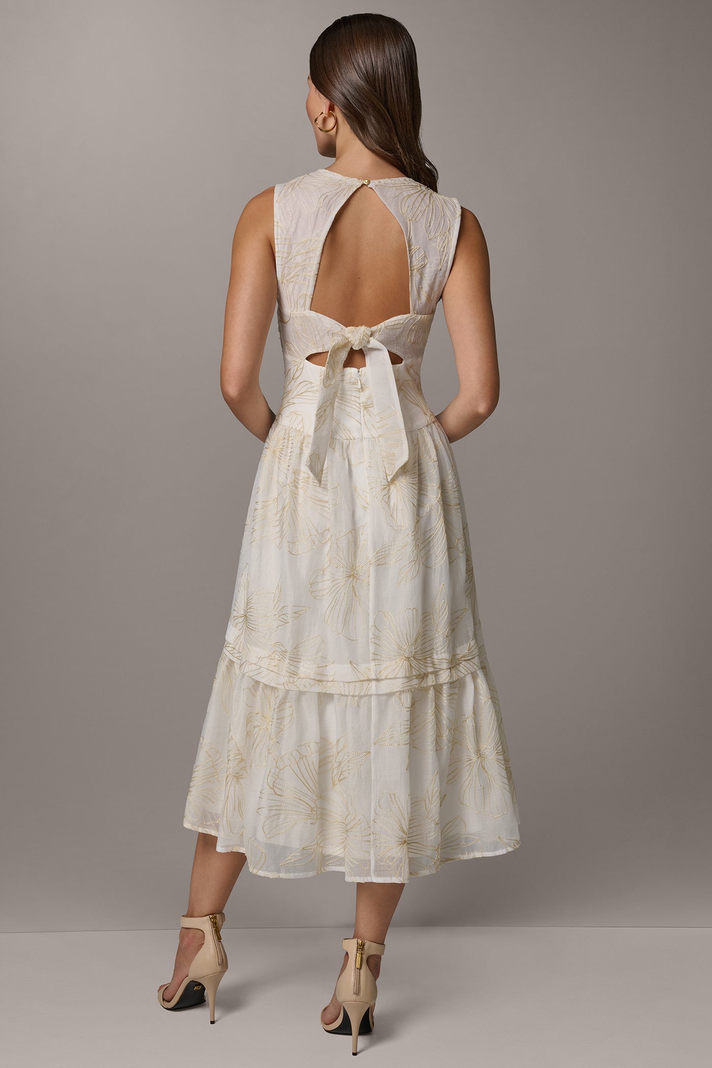 Embroidered Tie-Back A-Line Midi Dress | View 2 | Essential Dresses