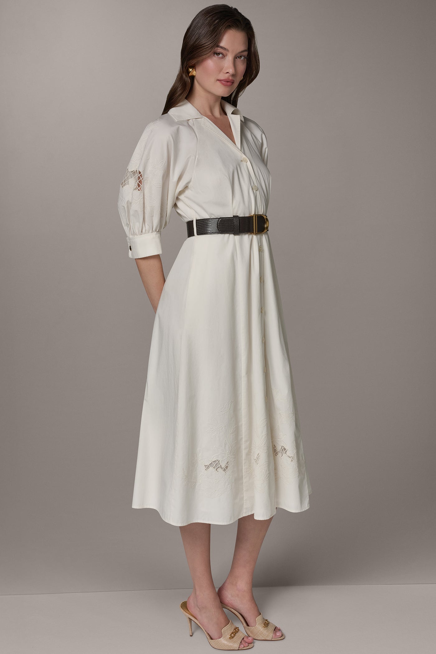 knee length shirt dress Donna Karan Women's Puff Sleeve Midi Shirt Dress in Cream