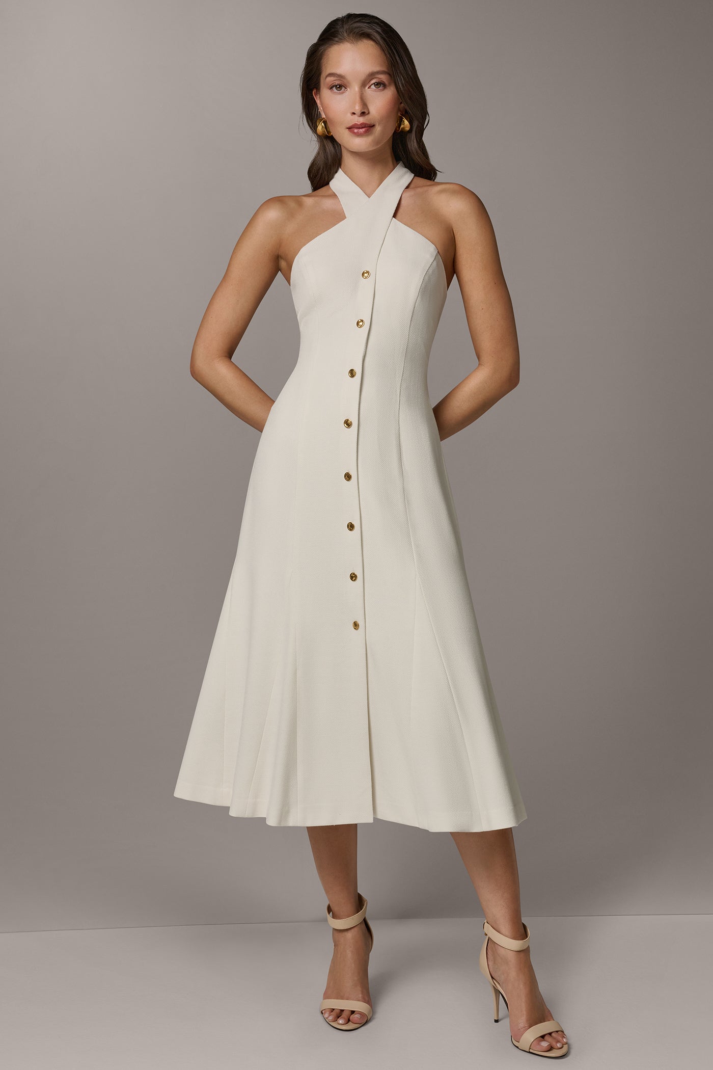 Donna Karan Women's Sleeveless Cross-Front Midi Halter Dress in Cream Donna Karan Women's Sleeveless Cross-Front Midi Halter Dress in Cream