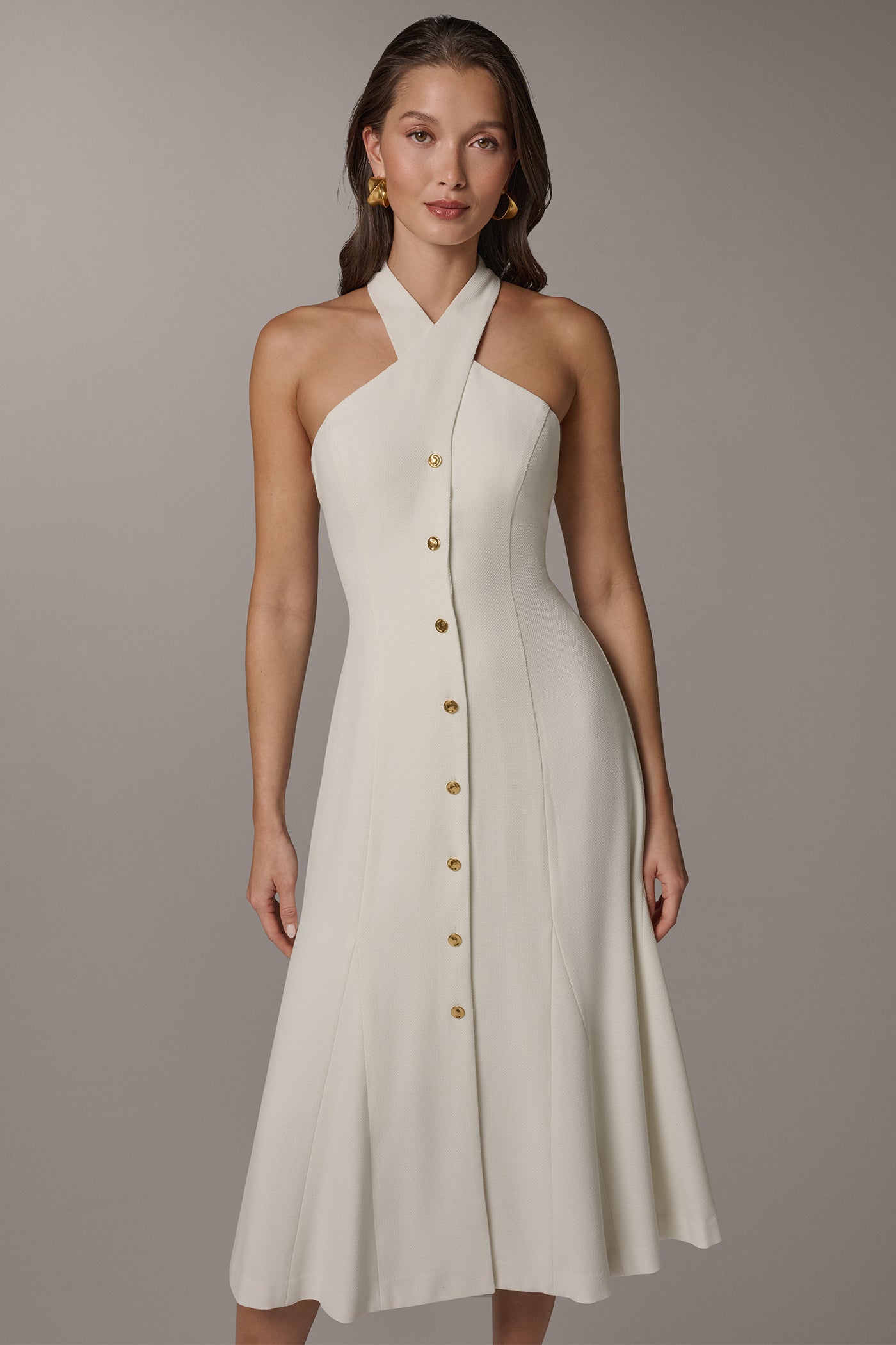 Donna Karan Women's Sleeveless Cross-Front Midi Halter Dress in Cream Donna Karan Women's Sleeveless Cross-Front Midi Halter Dress in Cream