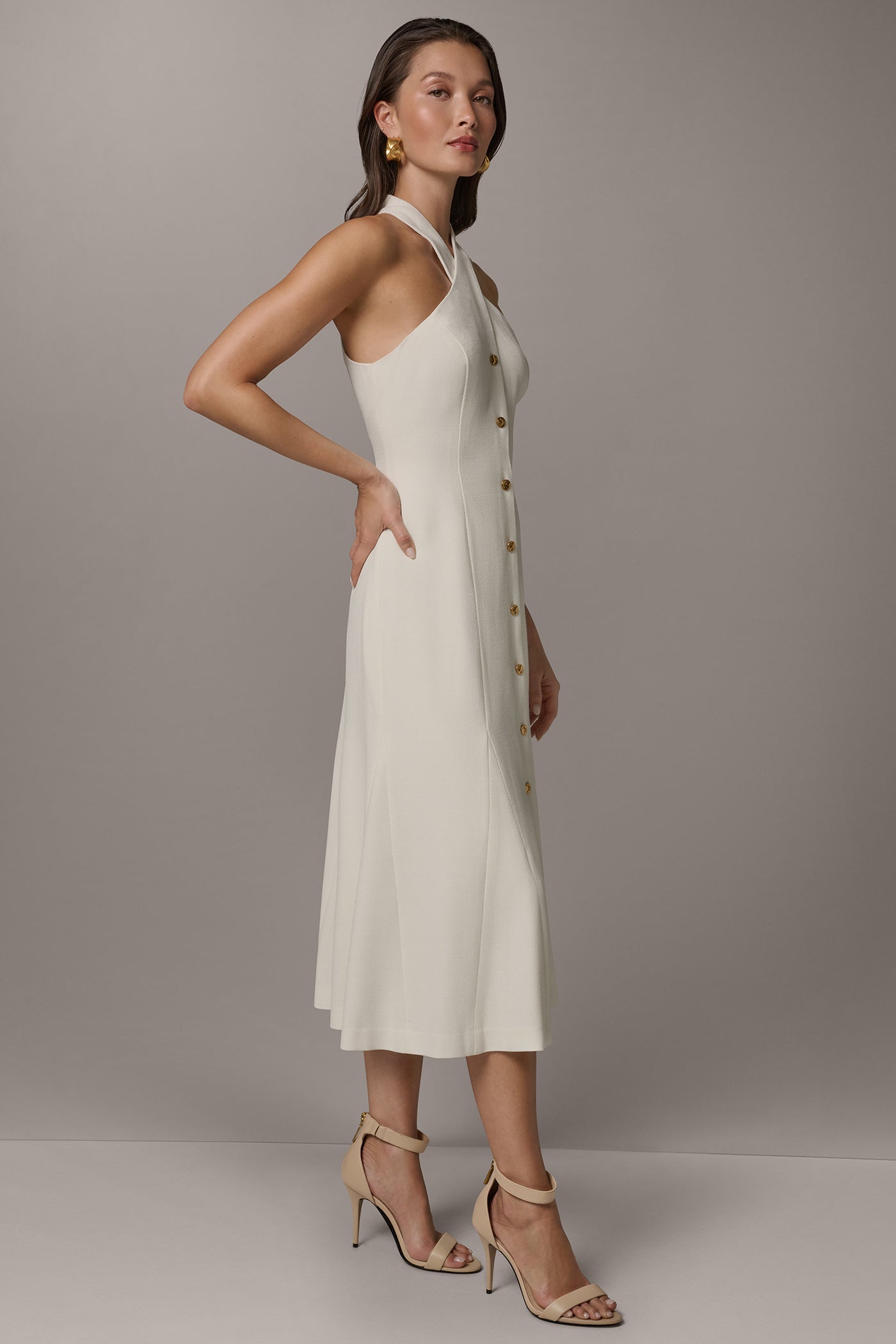 Donna Karan Women's Sleeveless Cross-Front Midi Halter Dress in Cream Donna Karan Women's Sleeveless Cross-Front Midi Halter Dress in Cream