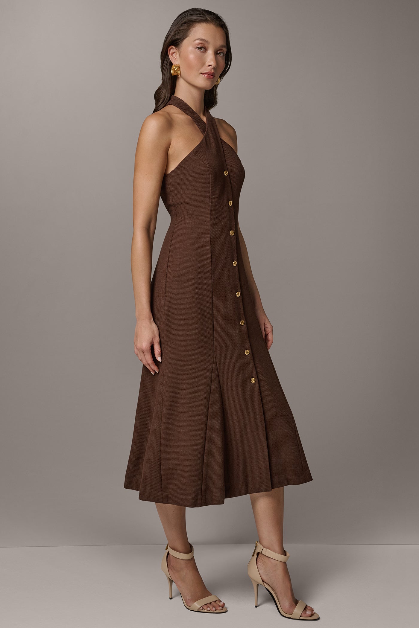 Donna Karan Women's Sleeveless Cross-Front Midi Halter Dress in Canyon Donna Karan Women's Sleeveless Cross-Front Midi Halter Dress in Canyon