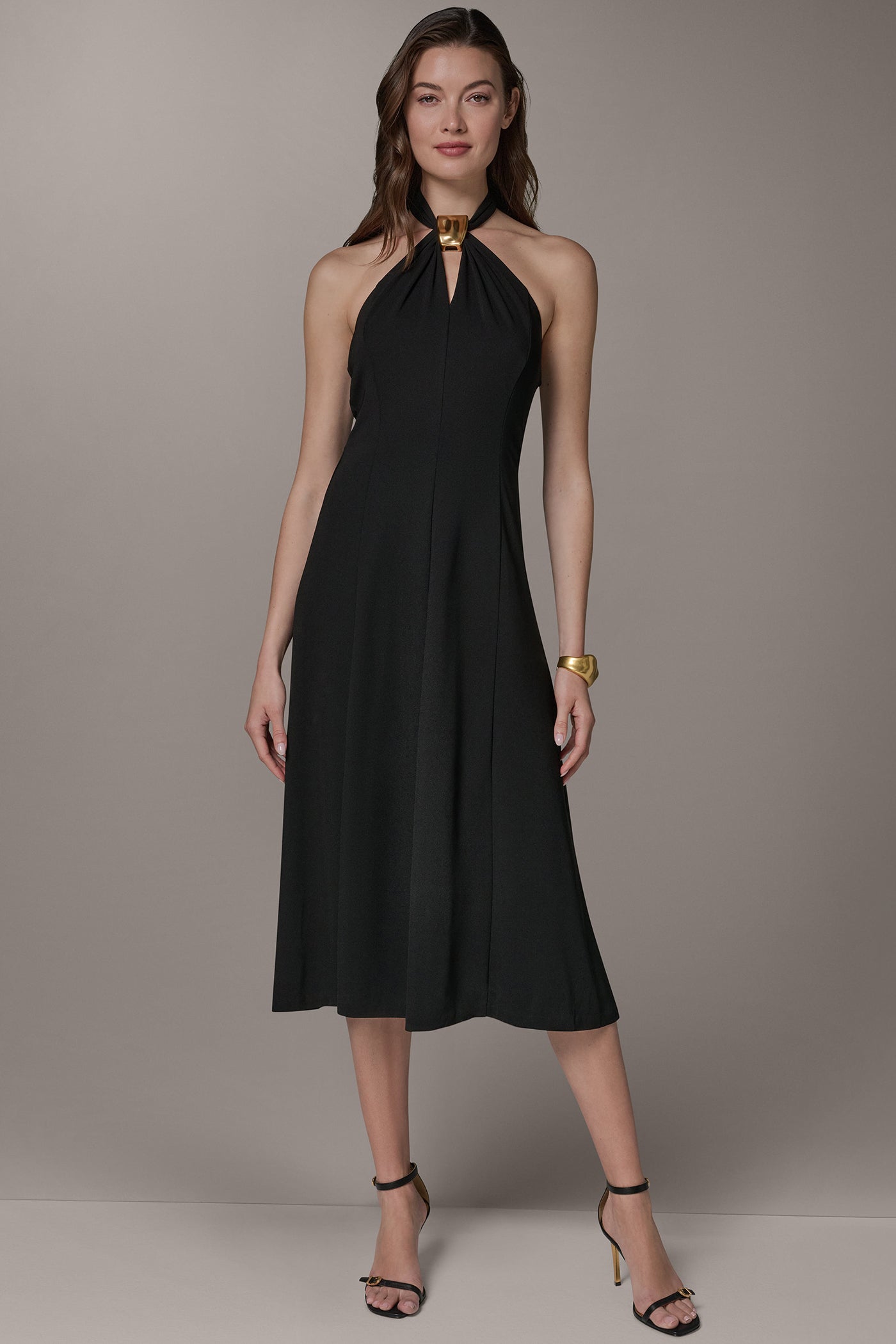 SLEEVELESS MIDI A-LINE HALTER DRESS | View 1 | Black Dresses