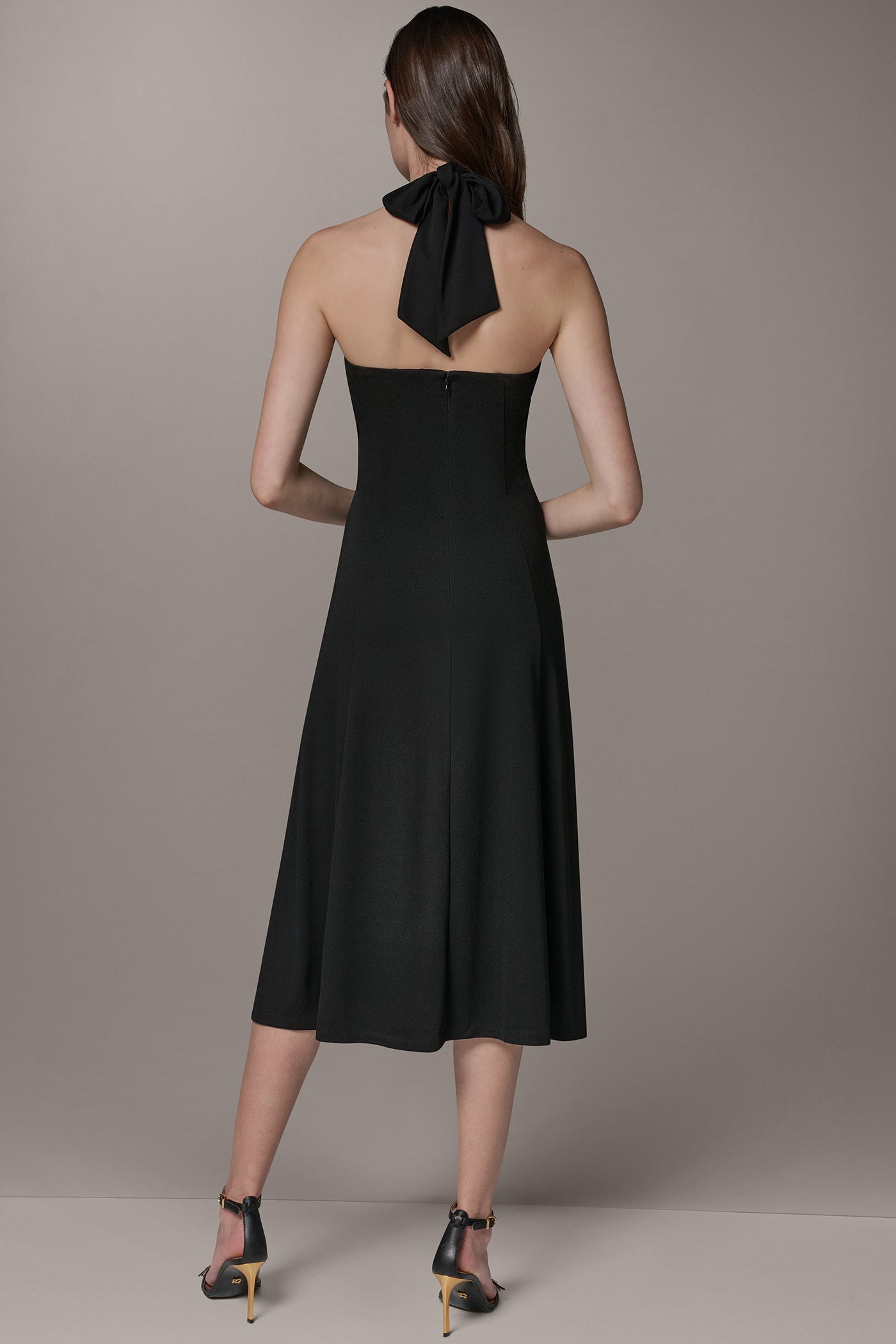 SLEEVELESS MIDI A-LINE HALTER DRESS | View 2 | Black Dresses