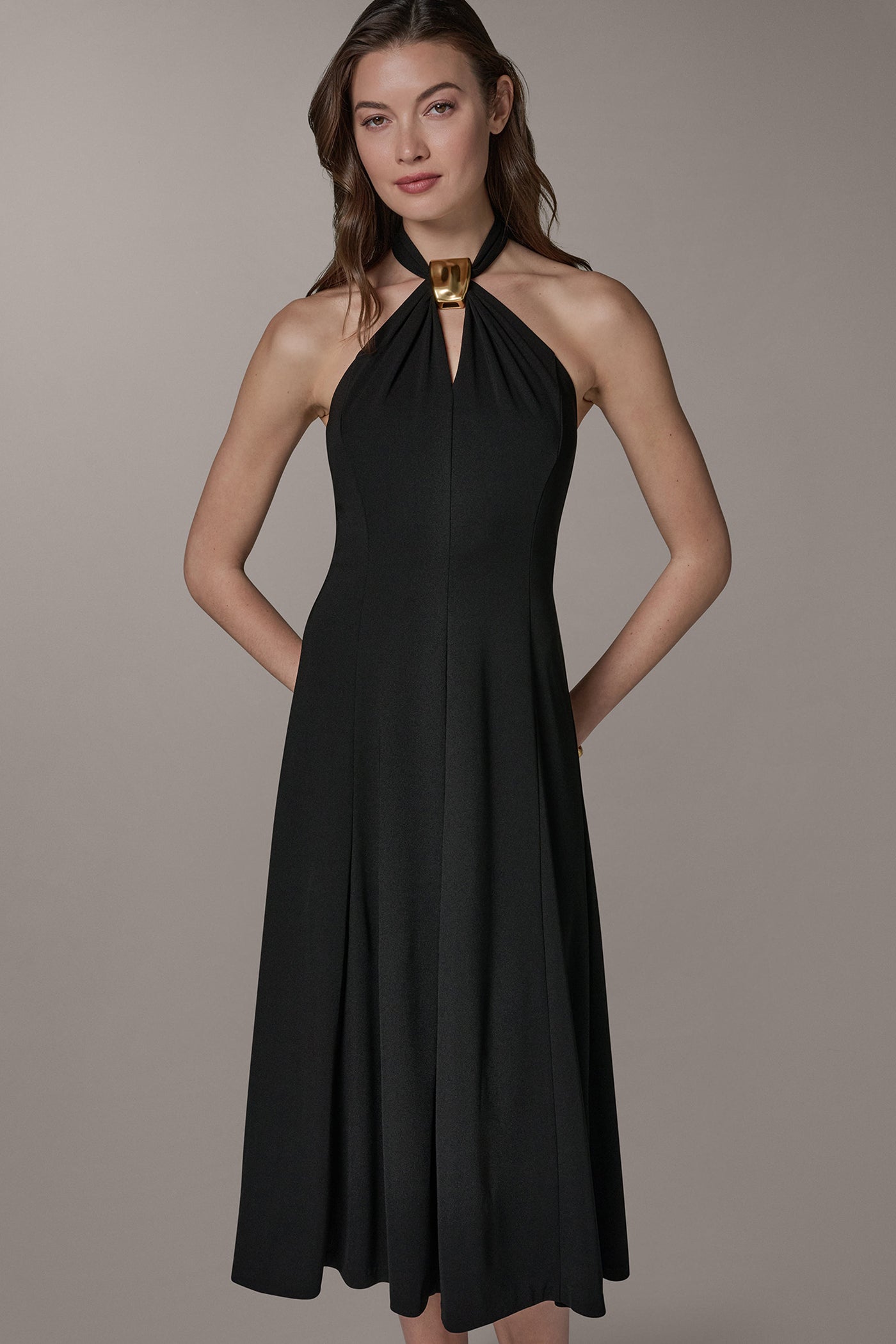 SLEEVELESS MIDI A-LINE HALTER DRESS VIEW 9 | Black Dresses