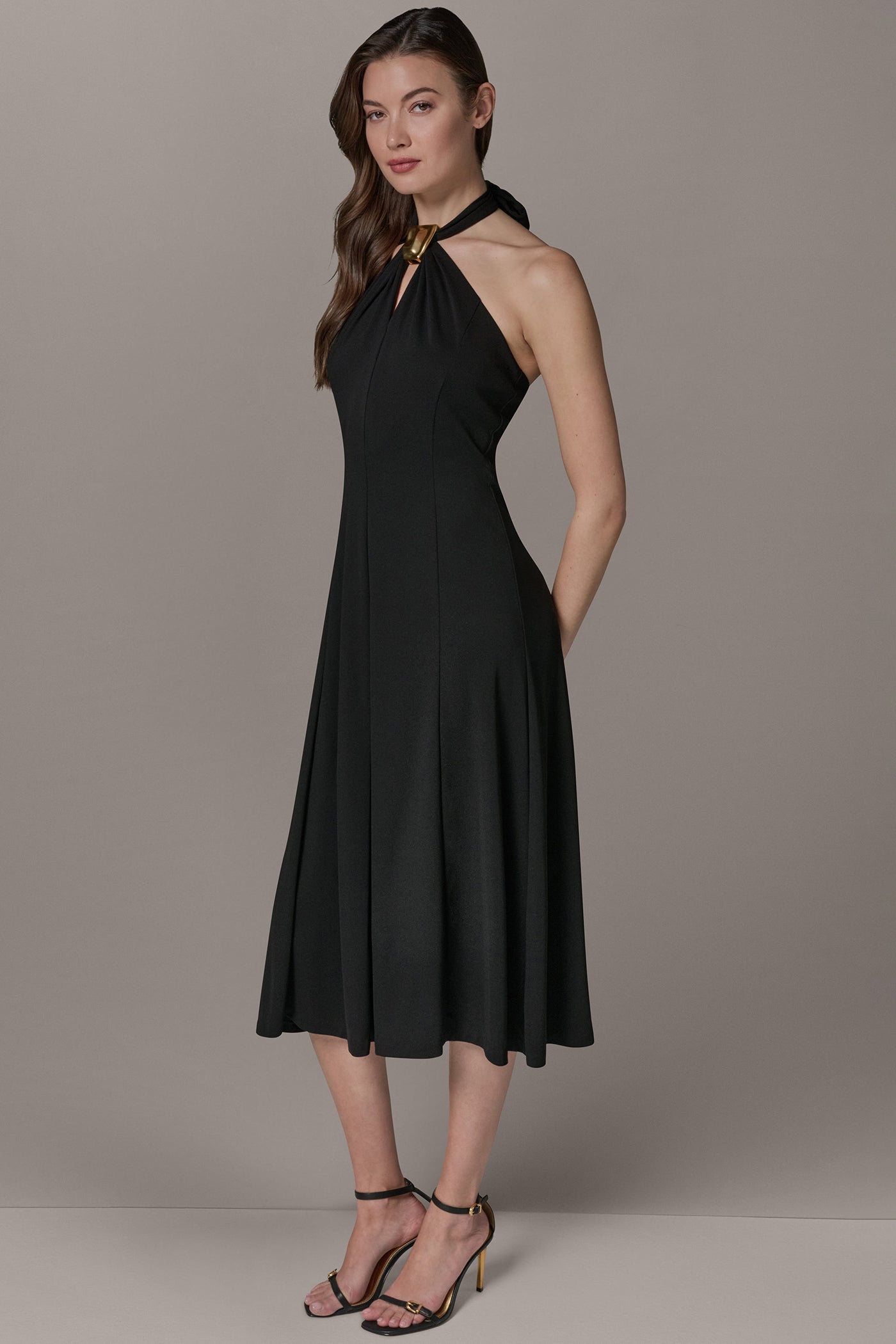 SLEEVELESS MIDI A-LINE HALTER DRESS VIEW 3 | Black Dresses