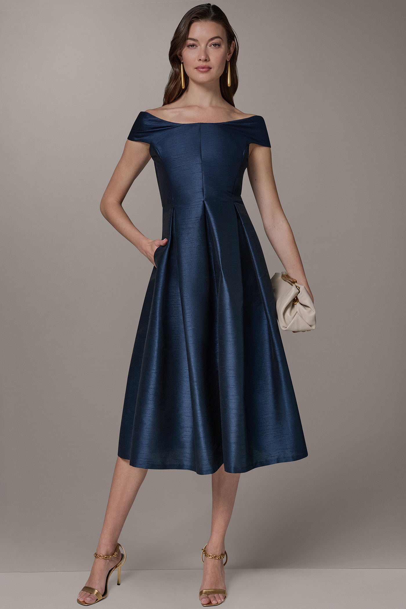 OFF THE SHOULDER MIDI FIT AND FLARE DRESS | View 1 | Dresses & Jumpsuits