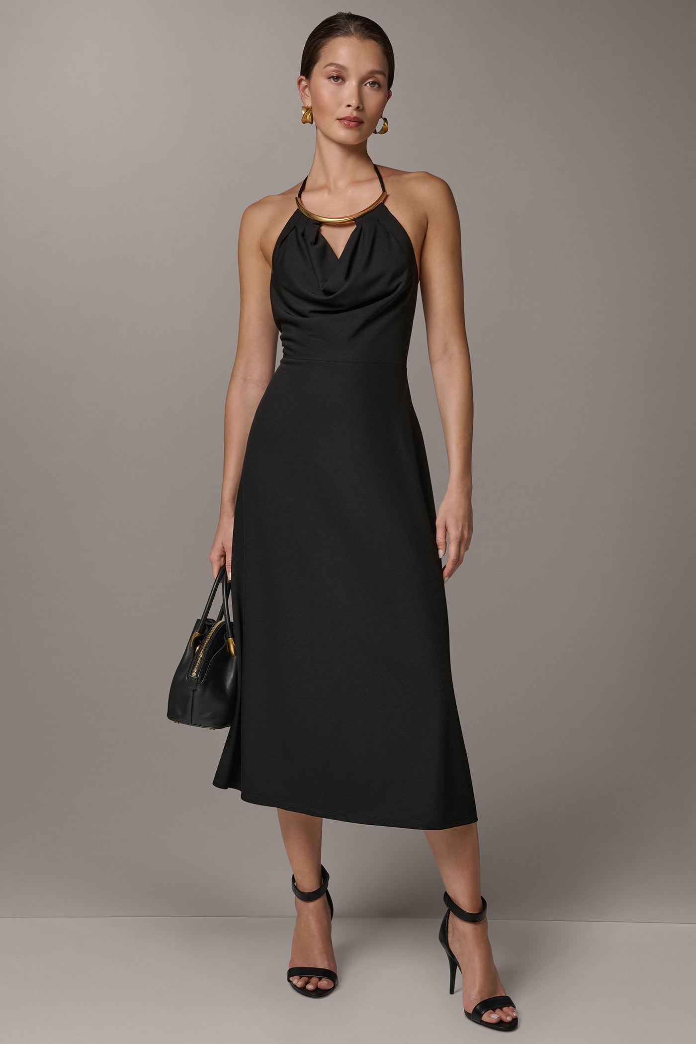 Donna Karan Women's Sleeveless Cowl Neck Midi Halter Dress in Black Donna Karan Women's Sleeveless Cowl Neck Midi Halter Dress in Black
