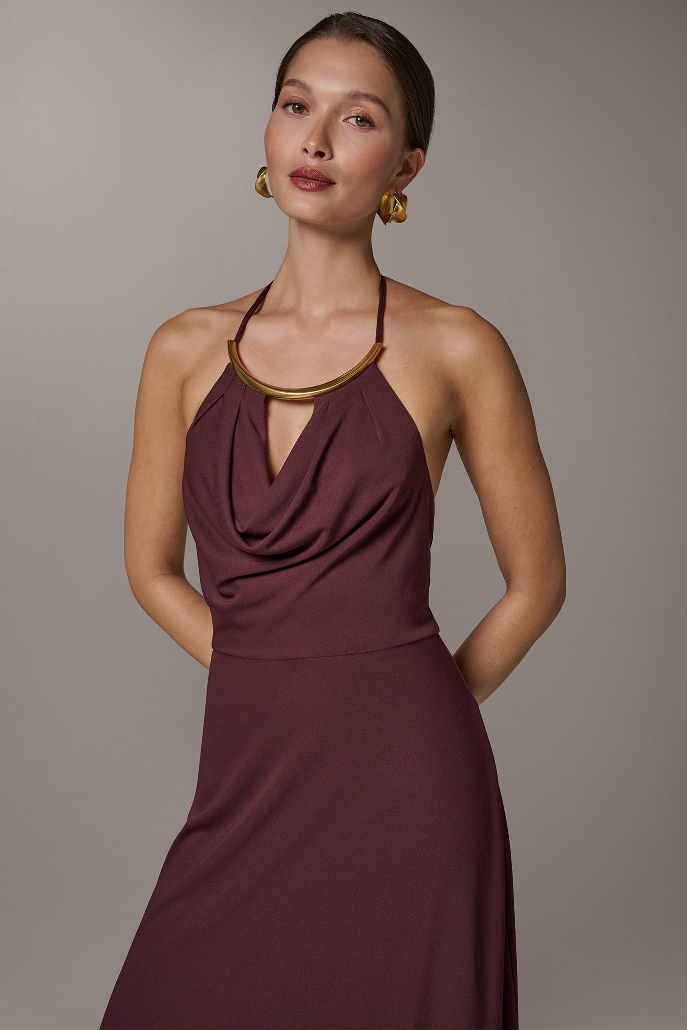Donna Karan Women's Sleeveless Cowl Neck Midi Halter Dress in Prune Donna Karan Women's Sleeveless Cowl Neck Midi Halter Dress in Prune