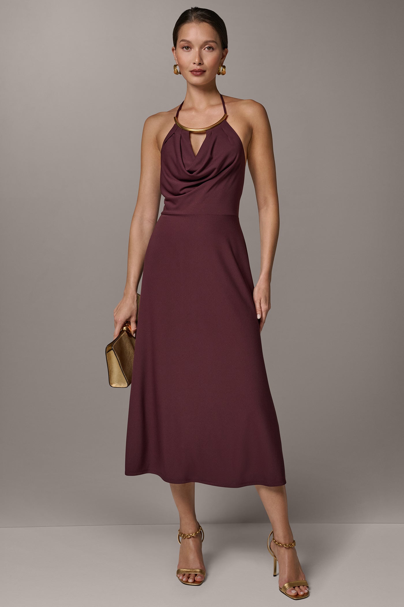 Donna Karan Women's Sleeveless Cowl Neck Midi Halter Dress in Prune Donna Karan Women's Sleeveless Cowl Neck Midi Halter Dress in Prune