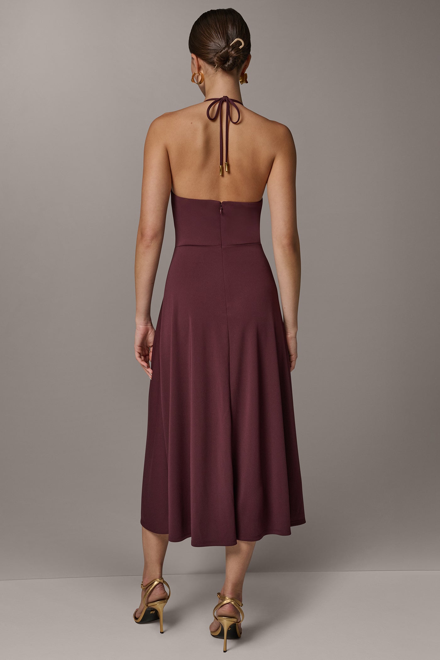 Donna Karan Women's Sleeveless Cowl Neck Midi Halter Dress in Prune Donna Karan Women's Sleeveless Cowl Neck Midi Halter Dress in Prune