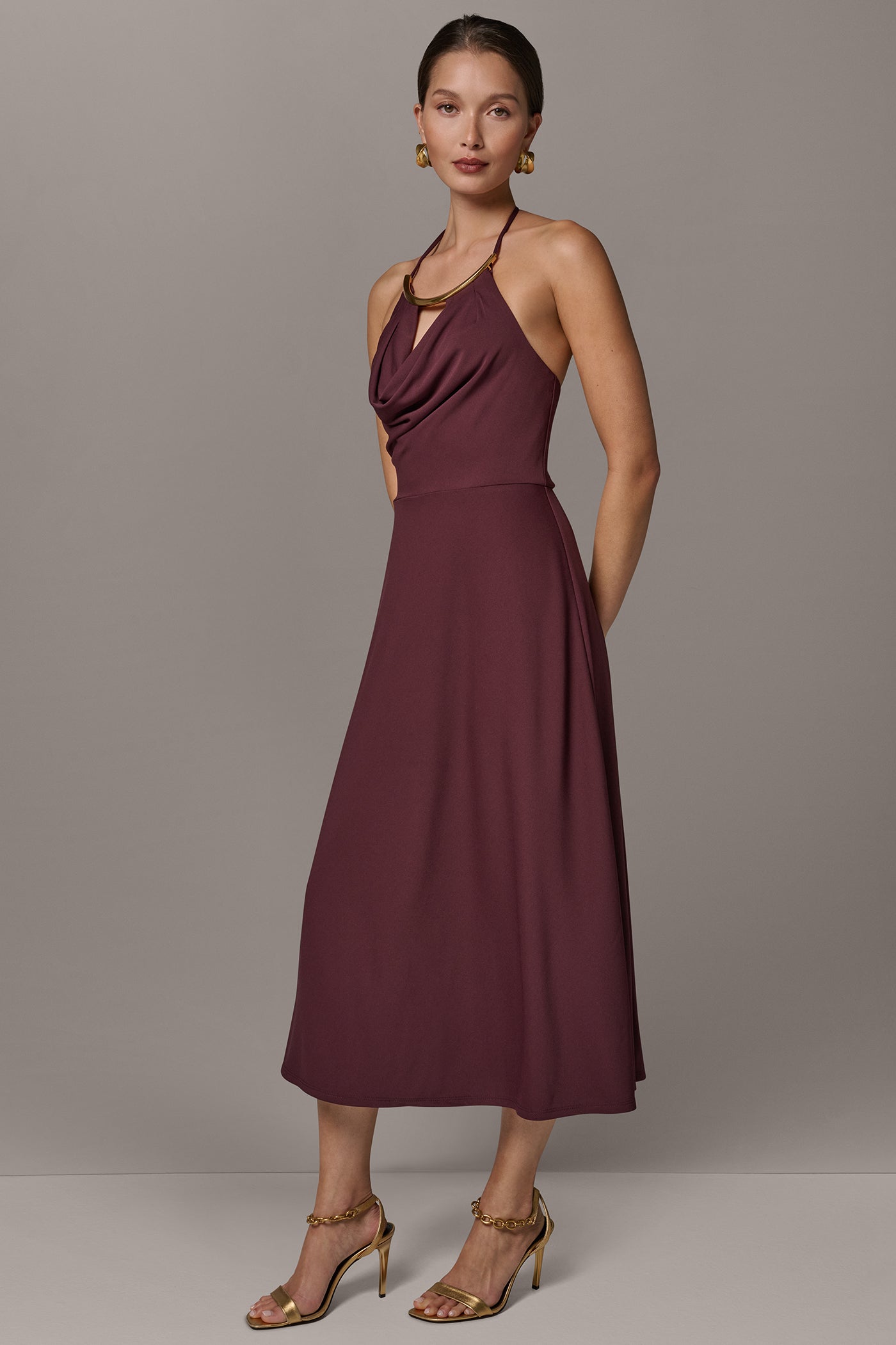 Donna Karan Women's Sleeveless Cowl Neck Midi Halter Dress in Prune Donna Karan Women's Sleeveless Cowl Neck Midi Halter Dress in Prune