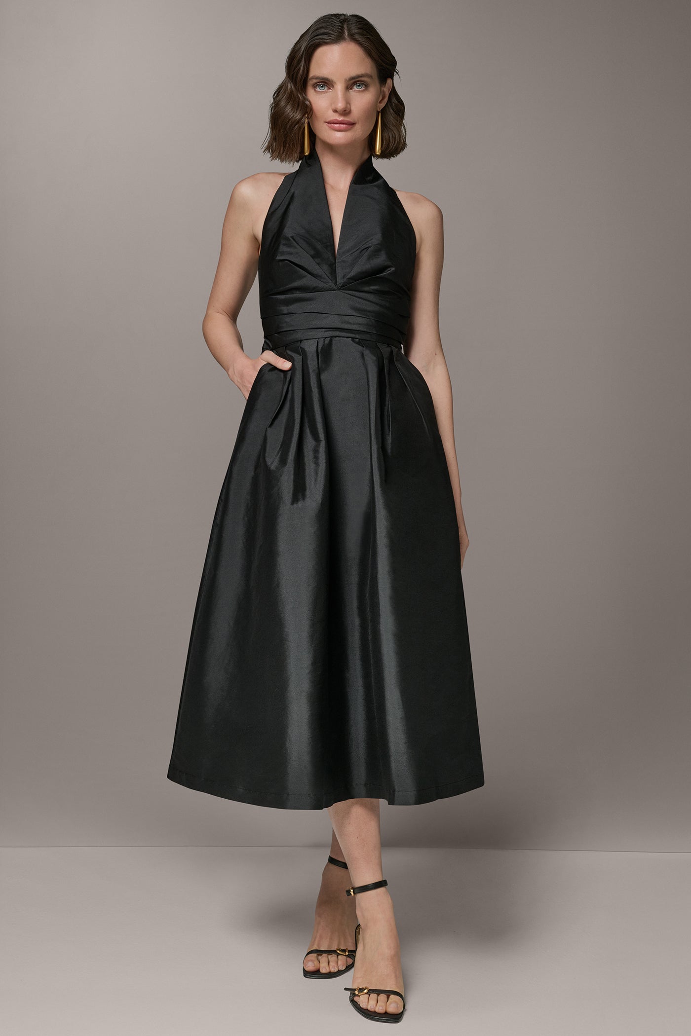 SLEEVELESS V-NECK TAFFETA MIDI COCKTAIL DRESS