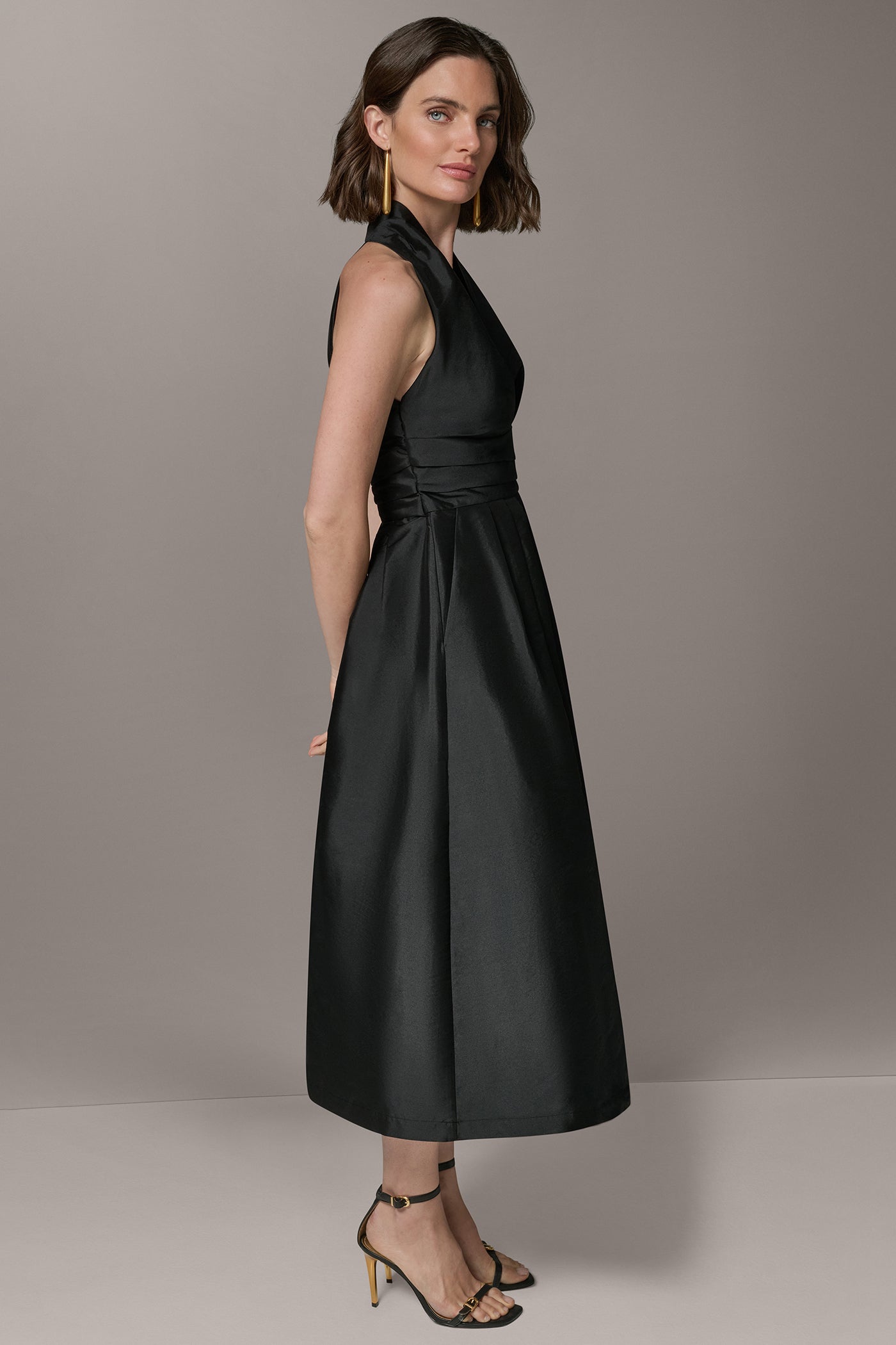 SLEEVELESS V-NECK TAFFETA MIDI COCKTAIL DRESS VIEW 4 | Cocktail & Party