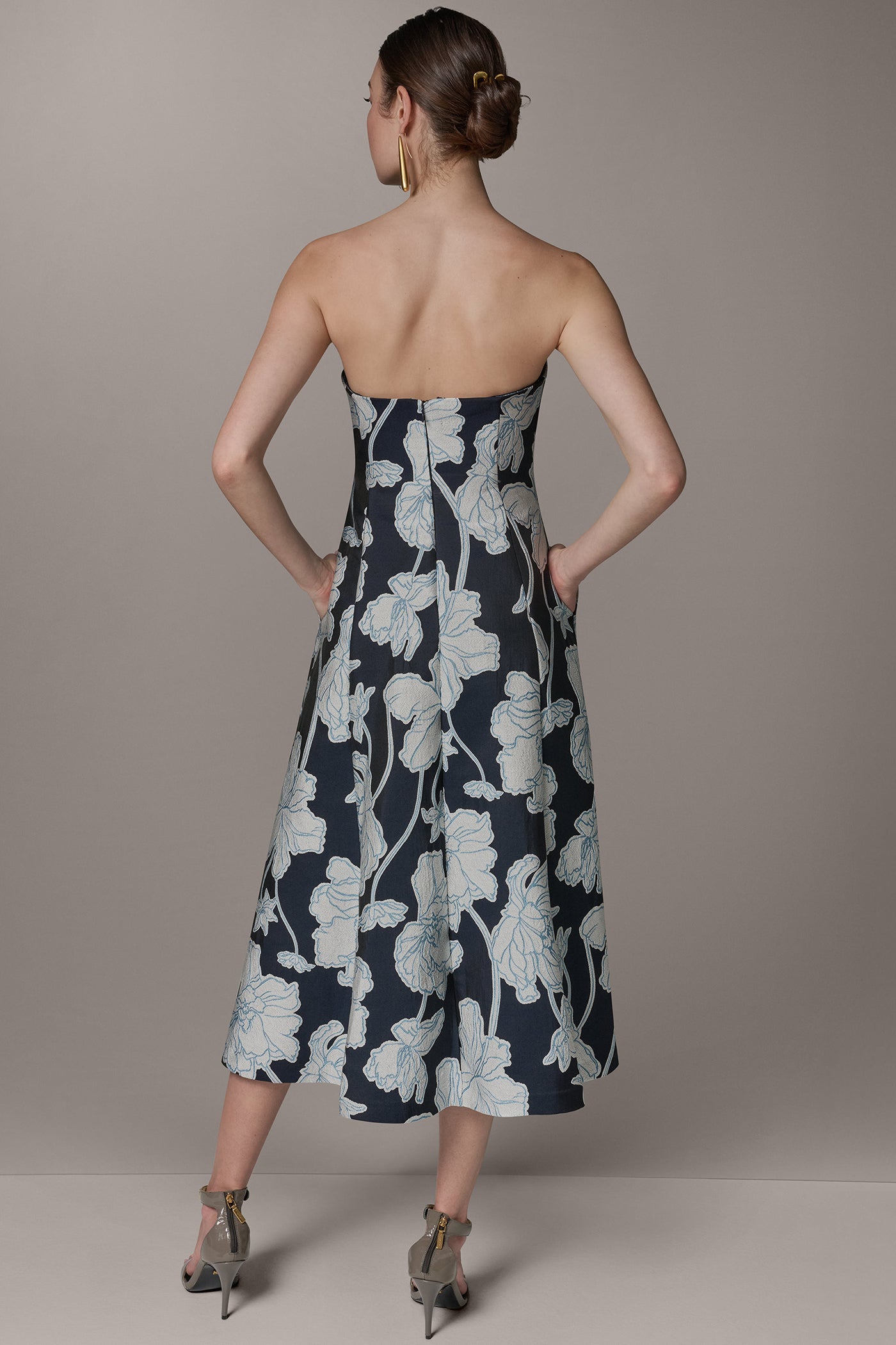 Donna Karan New York Women's Strapless Jacquard Fit & Flare Floral Midi Dress - Nightfall/Cream - Size 12 Donna Karan New York Women's Strapless Jacquard Fit & Flare Floral Midi Dress - Nightfall/Cream - Size 12