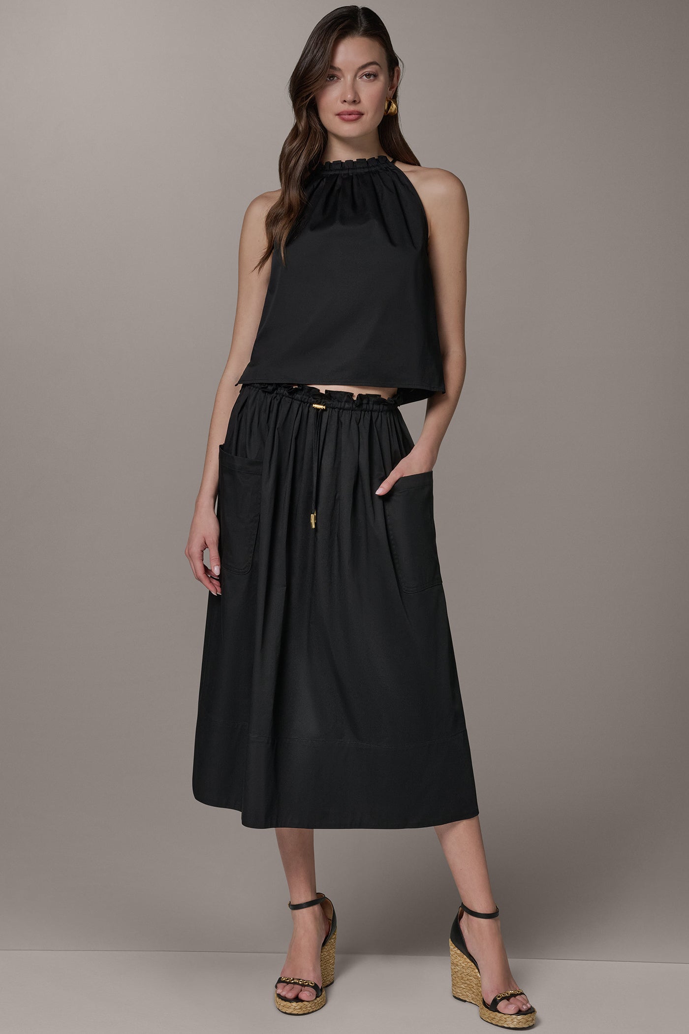 TWO-PIECE HALTER TOP AND MIDI SKIRT | View 1 | Black Dresses