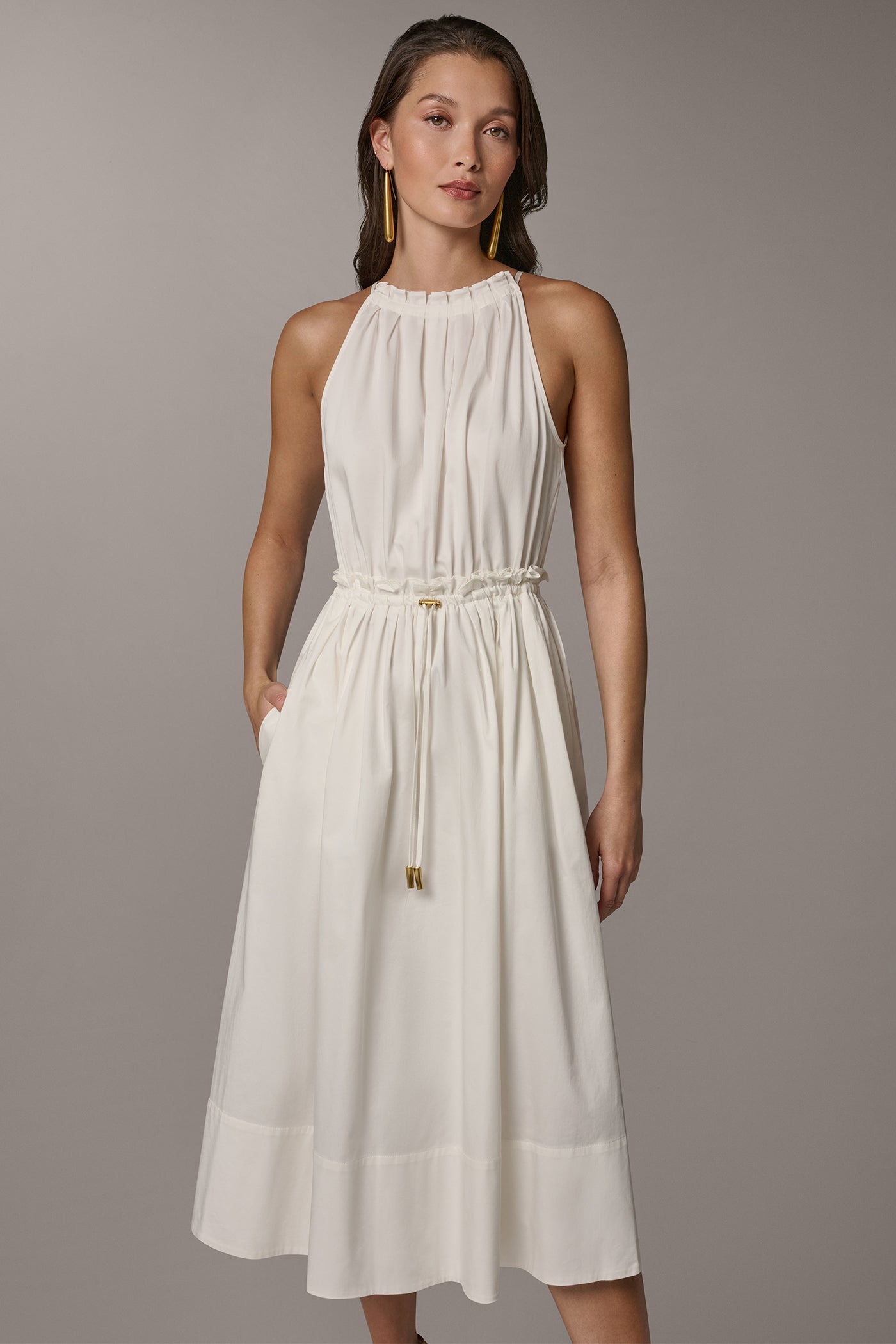 SLEEVELESS DRAWSTRING WAIST MIDI HALTER DRESS VIEW 8 | Essential Dresses