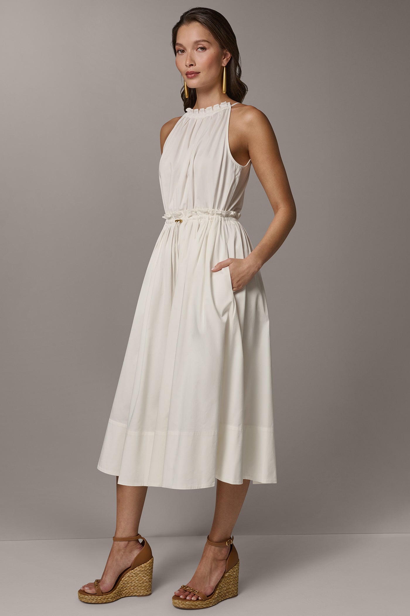 SLEEVELESS DRAWSTRING WAIST MIDI HALTER DRESS VIEW 3 | Essential Dresses