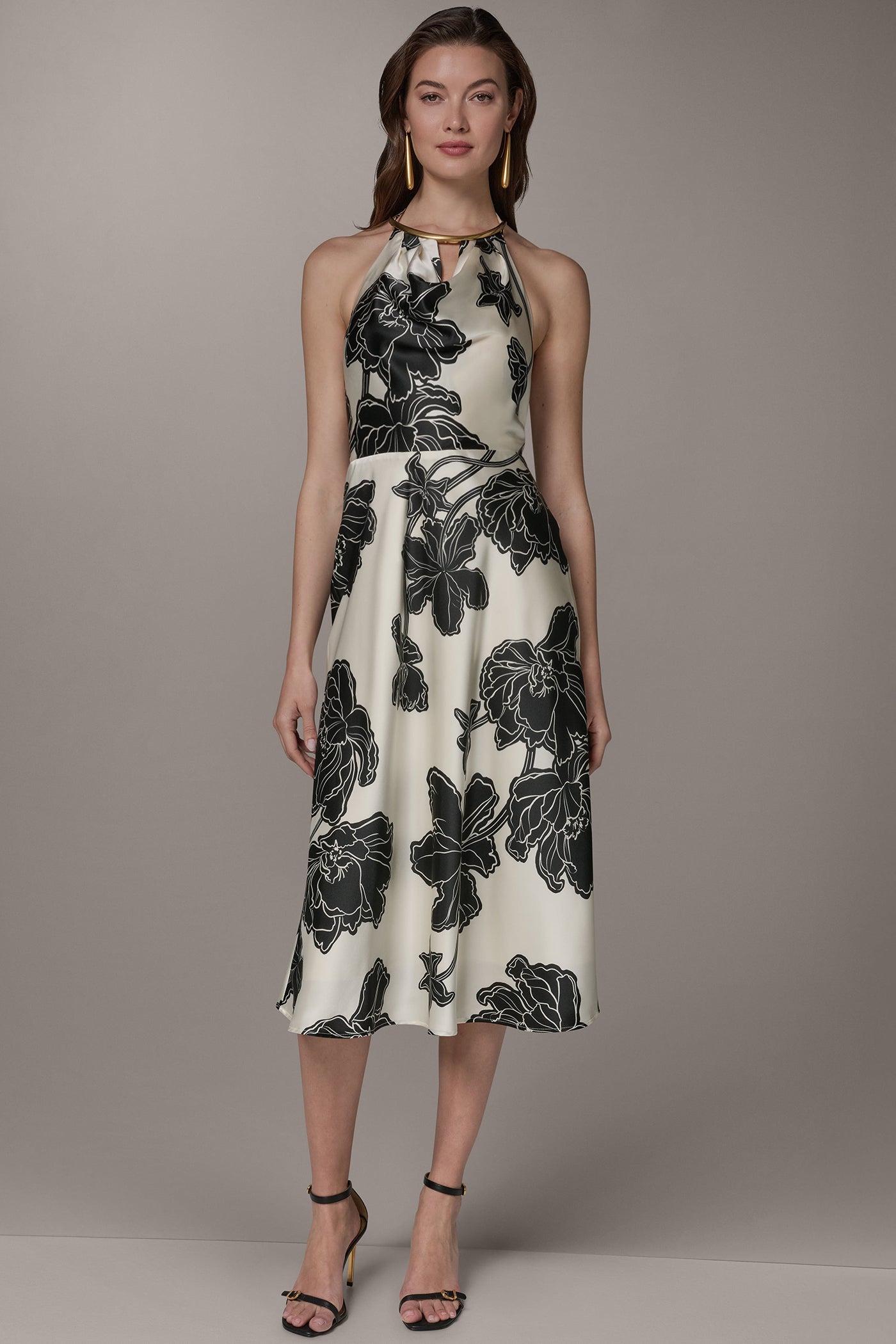SLEEVELESS FLORAL MIDI HALTER DRESS