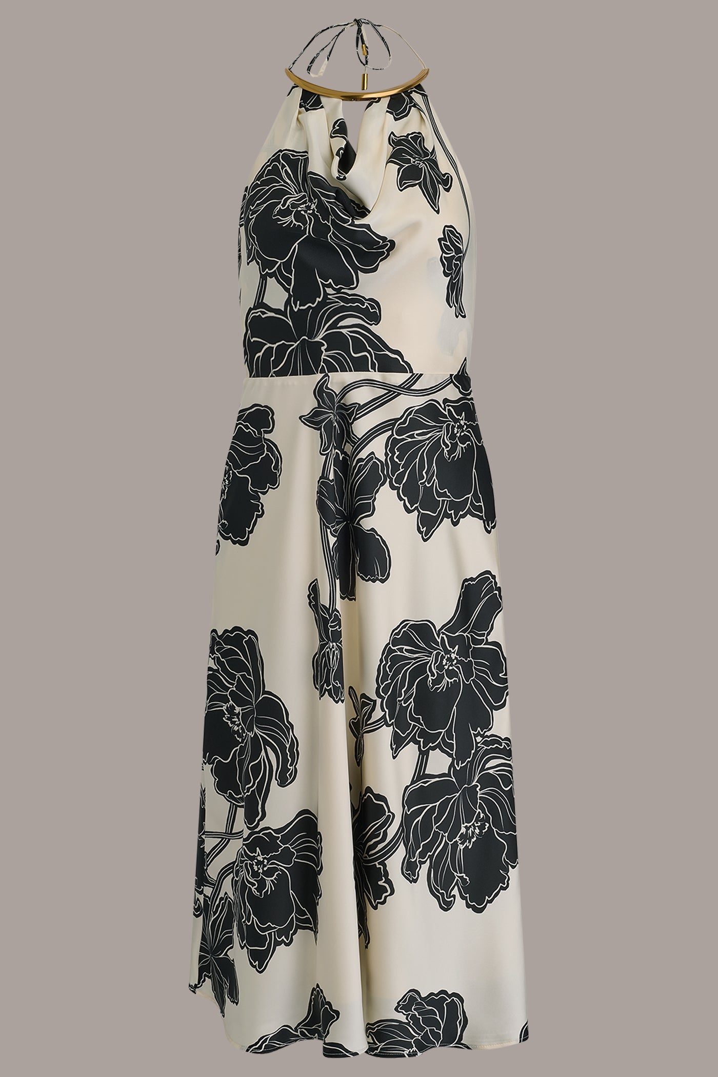 black and white floral halter dress Donna Karan New York Women's Cowl Neck Halter Floral A-Line Sleeveless Midi Dress - Cream/Black