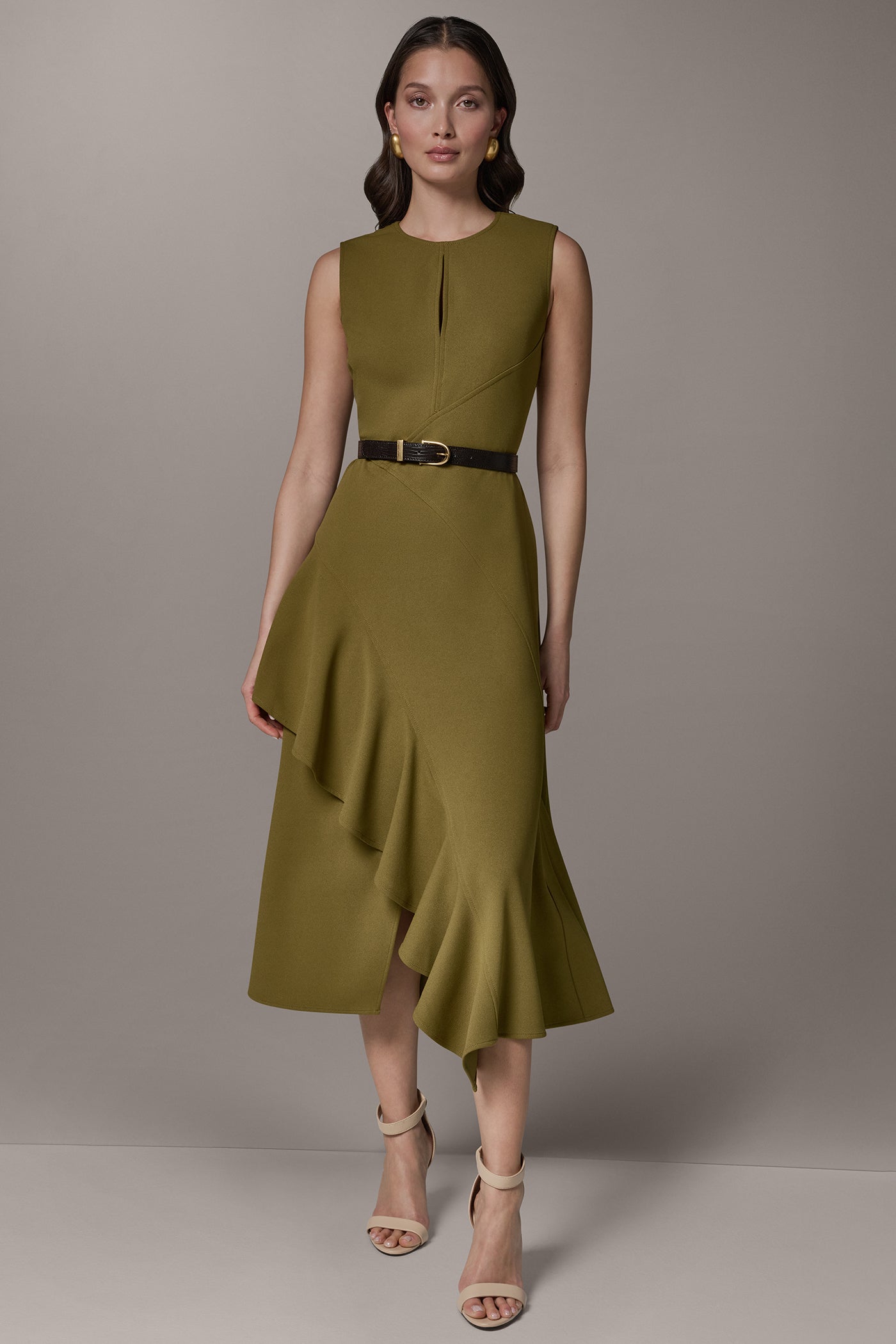 SLEEVELESS RUFFLE MIDI HI-LOW DRESS